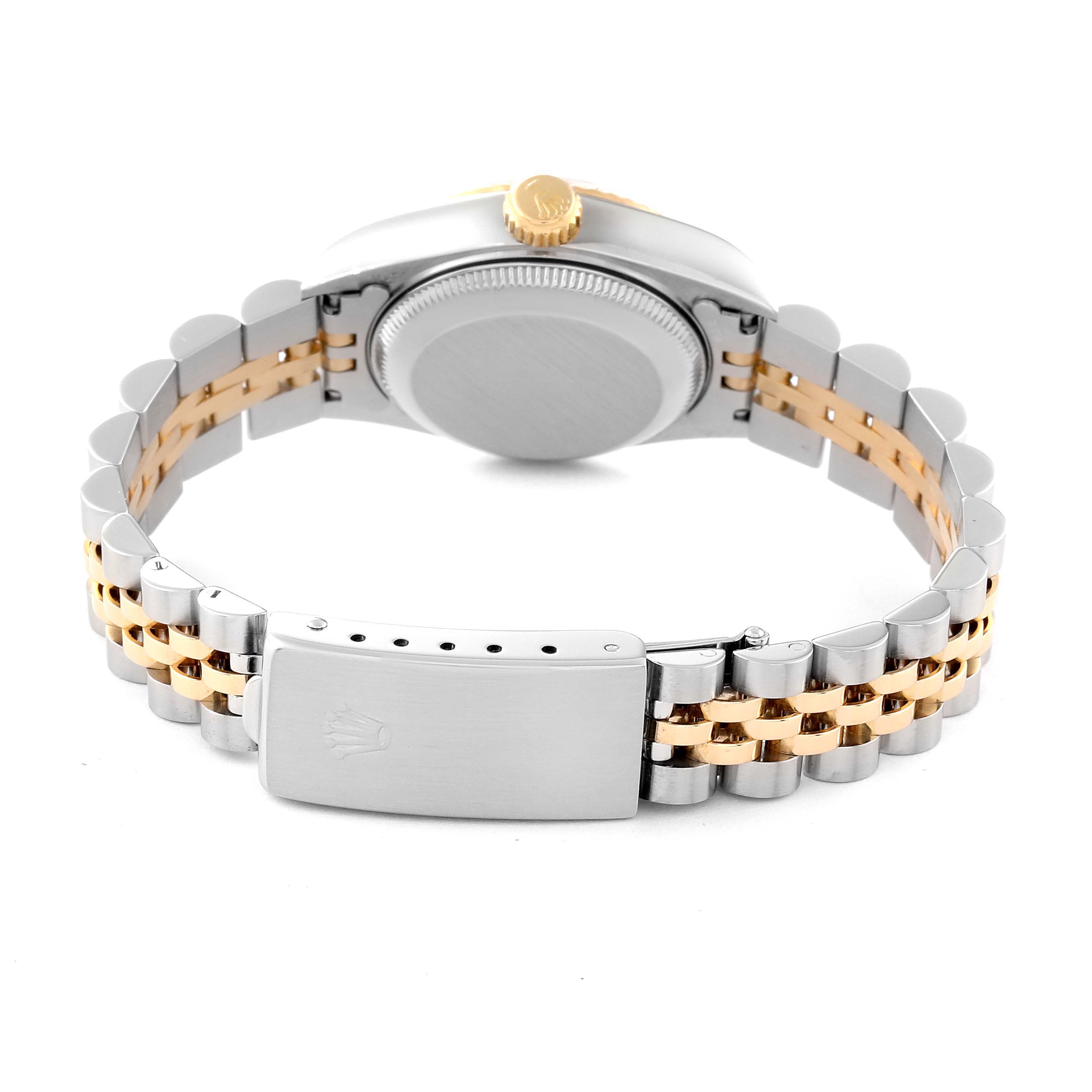 The image shows the back of a Rolex Datejust 69173 Women's Steel and Gold (two tone) Champagne Dial 69173 Women's Steel and Gold (two tone) Champagne Dial watch, including the case back, crown, and two-tone jubilee bracelet with a clasp.