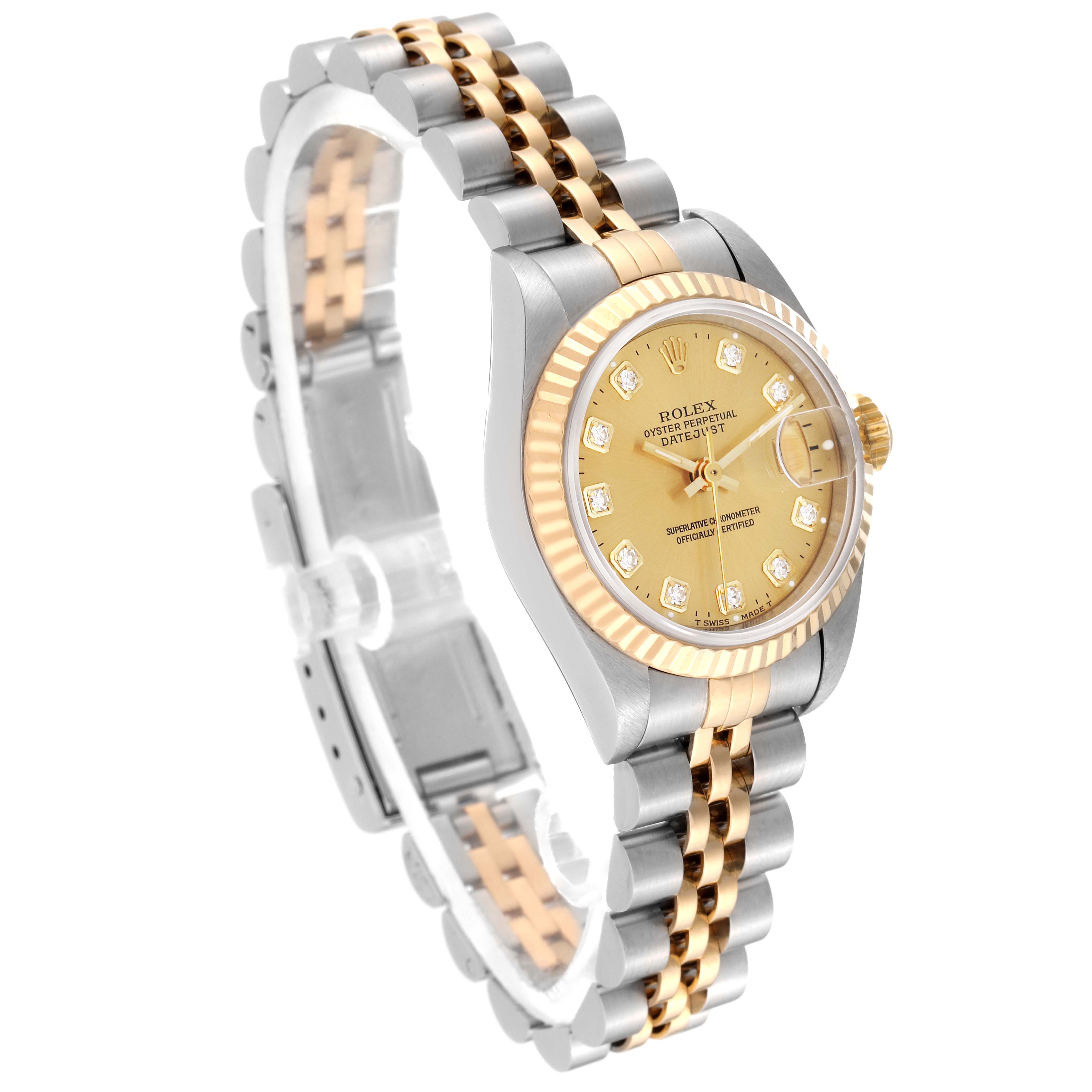 This image shows a Rolex Datejust 69173 Women's Steel and Gold (two tone) Champagne Dial 69173 Women's Steel and Gold (two tone) Champagne Dial watch at a three-quarter angle, highlighting the dial, bezel, and bicolored Jubilee bracelet.