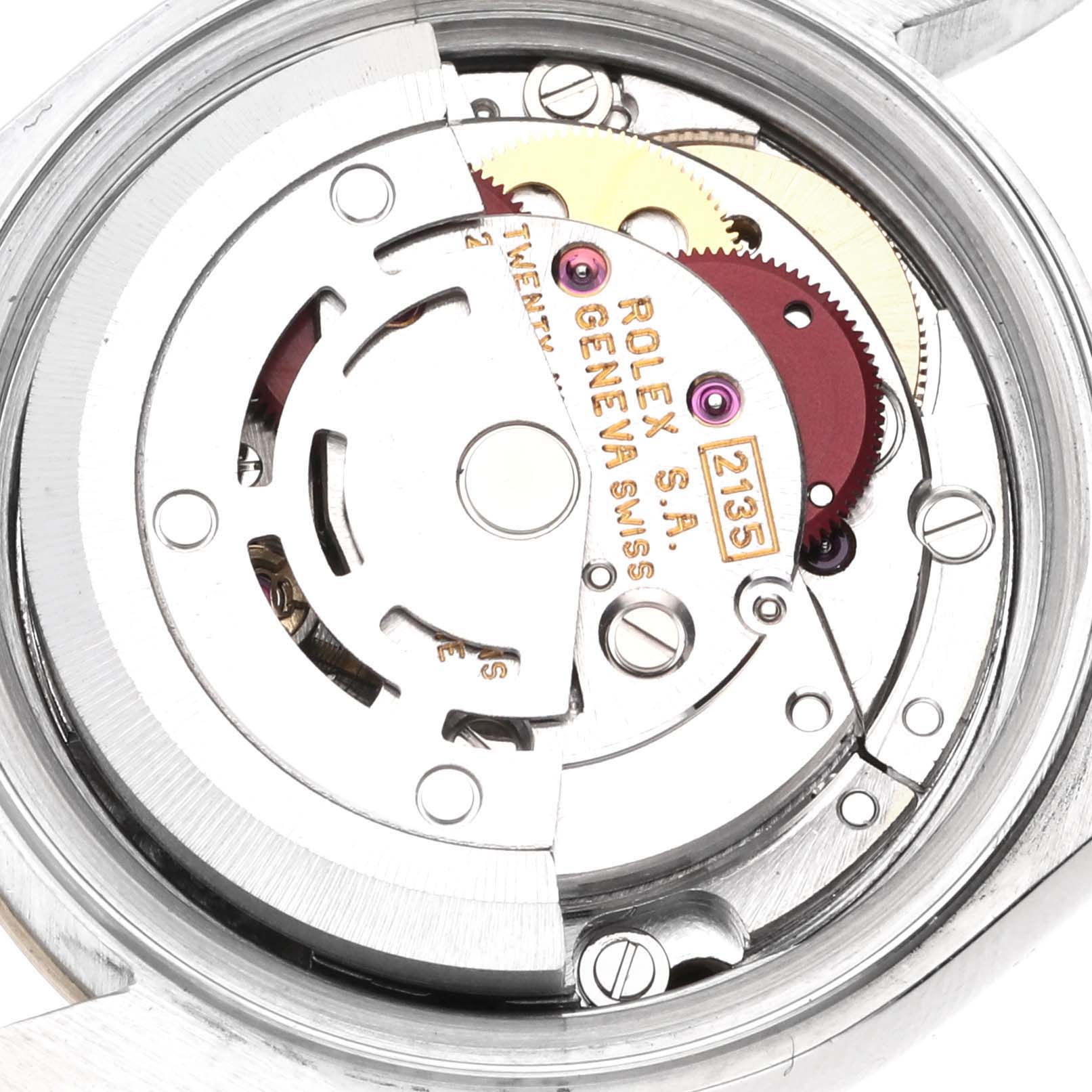 The image shows the inner mechanism of the Rolex Datejust 69173 Women's Steel and Gold (two tone) Champagne Dial 69173 Women's Steel and Gold (two tone) Champagne Dial watch from the back, displaying its movement components.