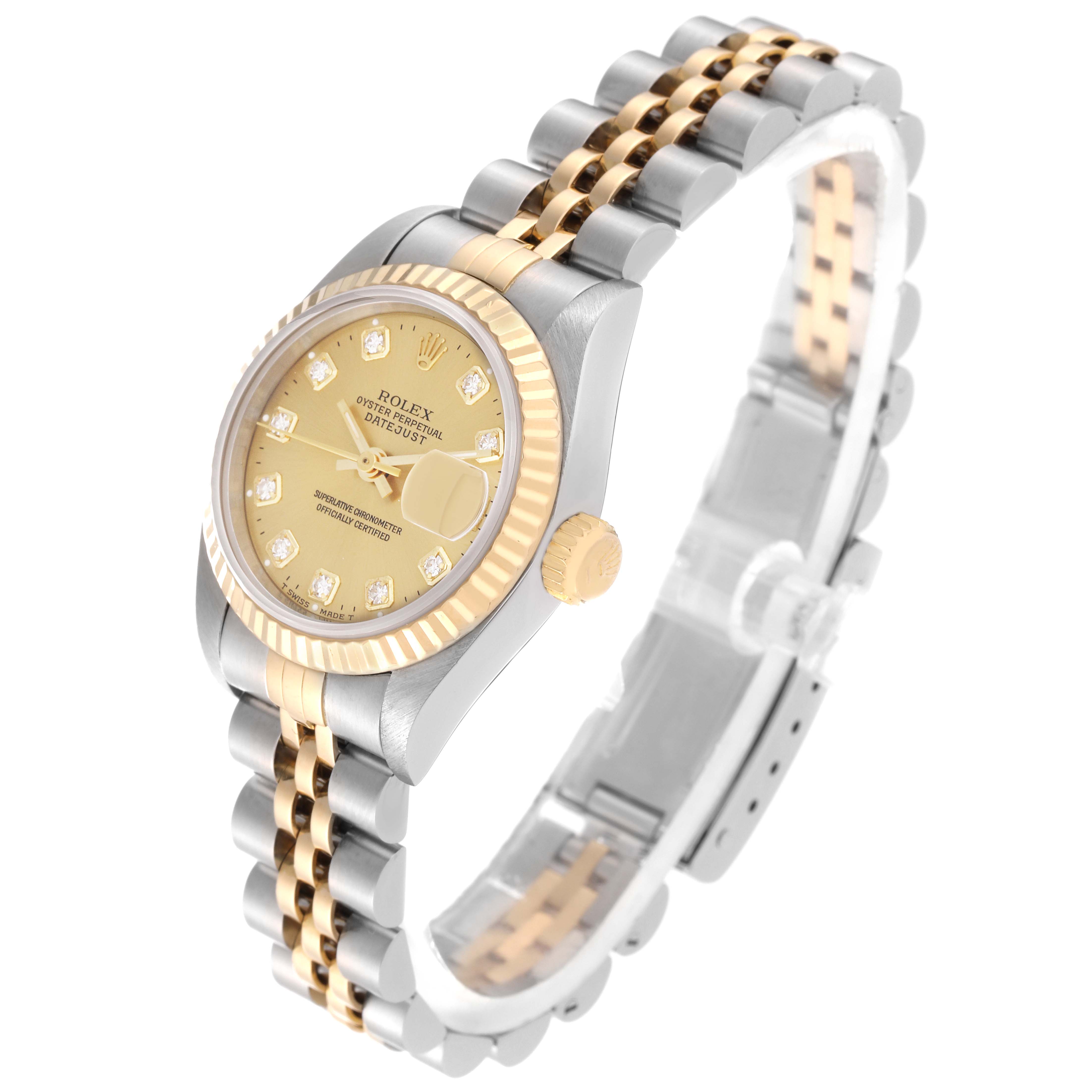 The Rolex Datejust 69173 Women's Steel and Gold (two tone) Champagne Dial 69173 Women's Steel and Gold (two tone) Champagne Dial watch is shown at an angled front view displaying the face, bezel, crown, and part of the bracelet.