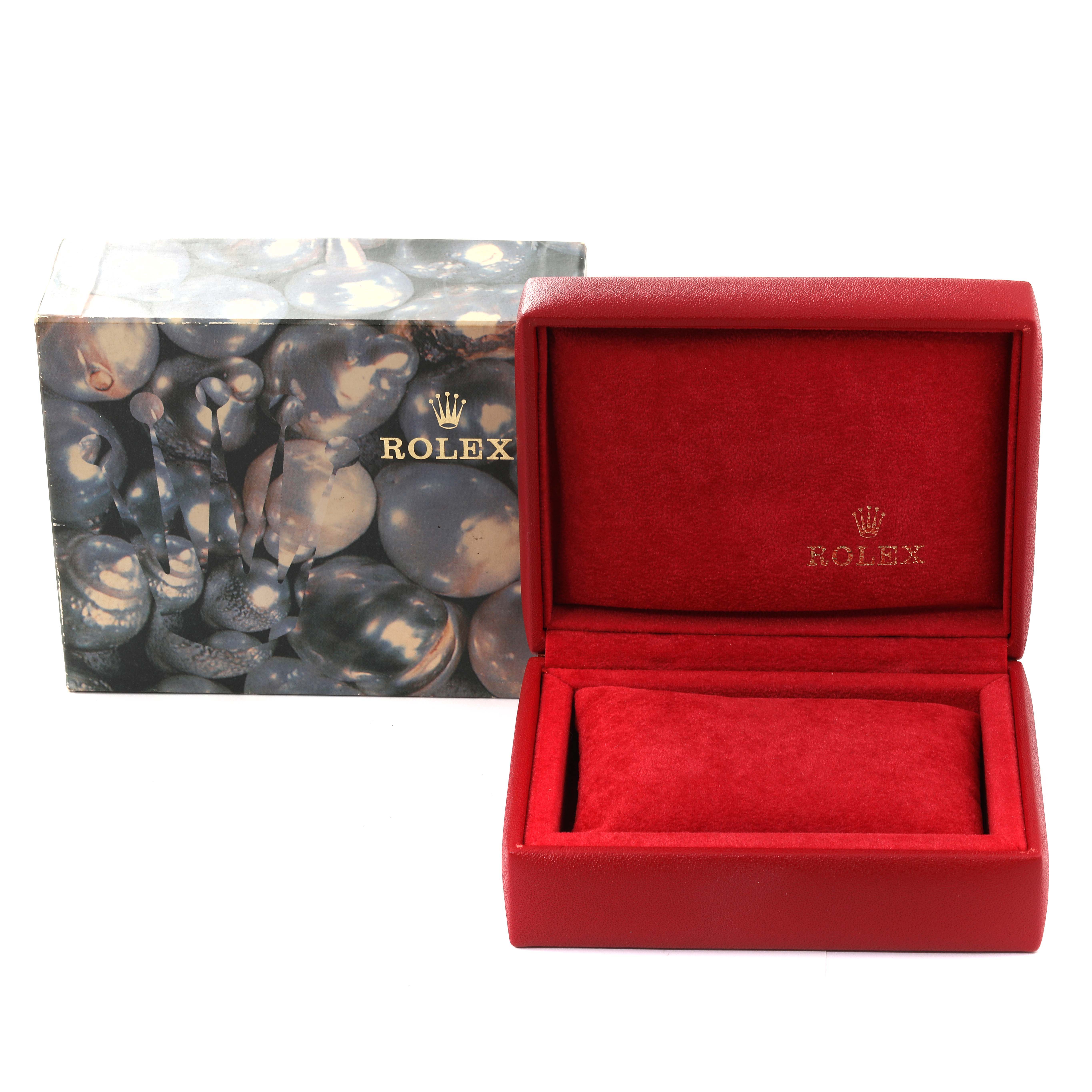 The image shows a Rolex Datejust 69173 Women's Steel and Gold (two tone) Champagne Dial 69173 Women's Steel and Gold (two tone) Champagne Dial model watch box with a red interior and a decorative outer box.