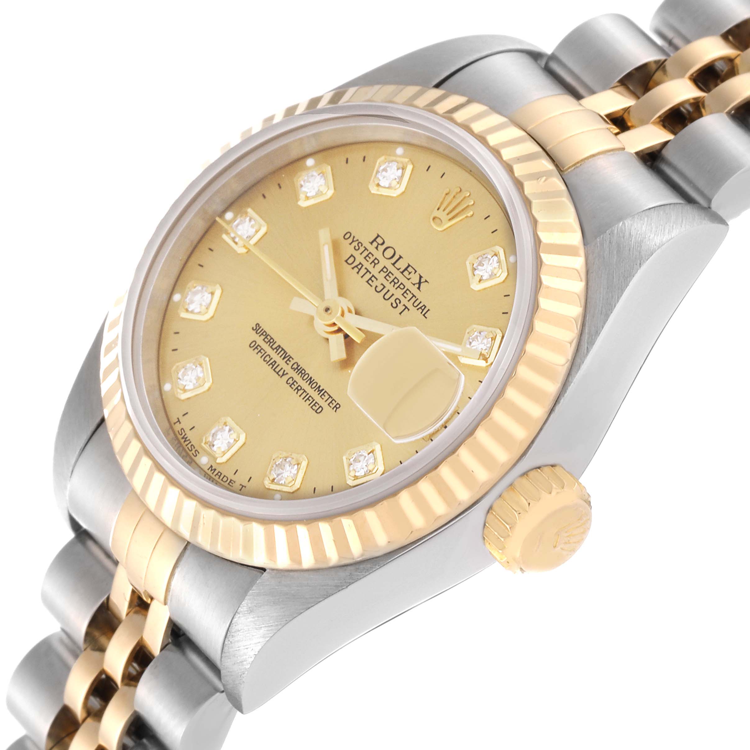 The image shows a close-up angled view of the Rolex Datejust 69173 Women's Steel and Gold (two tone) Champagne Dial 69173 Women's Steel and Gold (two tone) Champagne Dial watch, featuring the dial, bezel, crown, and part of the bracelet.