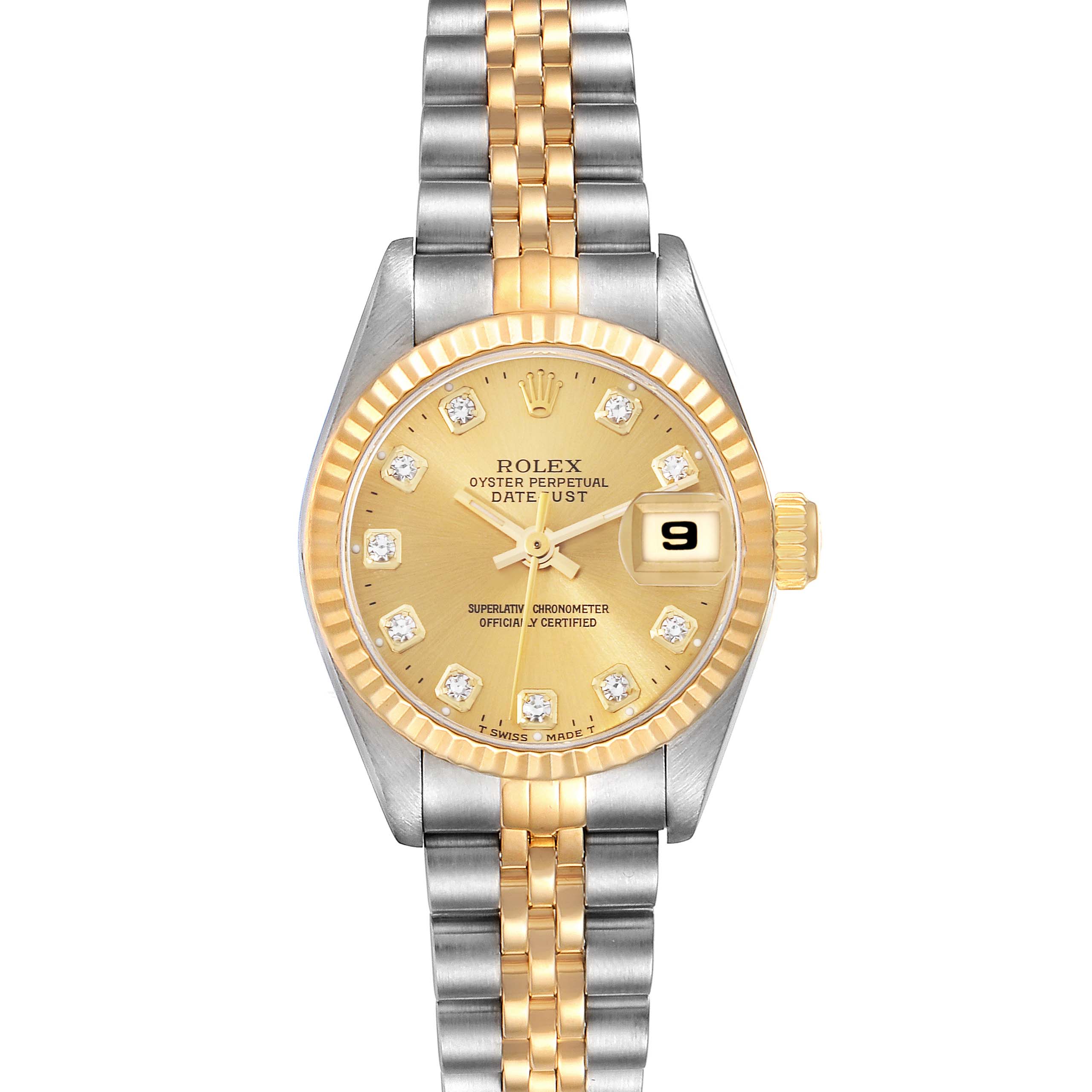 The image shows a Rolex Datejust 69173 Women's Steel and Gold (two tone) Champagne Dial 69173 Women's Steel and Gold (two tone) Champagne Dial watch, featuring a gold bezel, gold and silver bracelet, and a champagne dial with diamond hour markers.