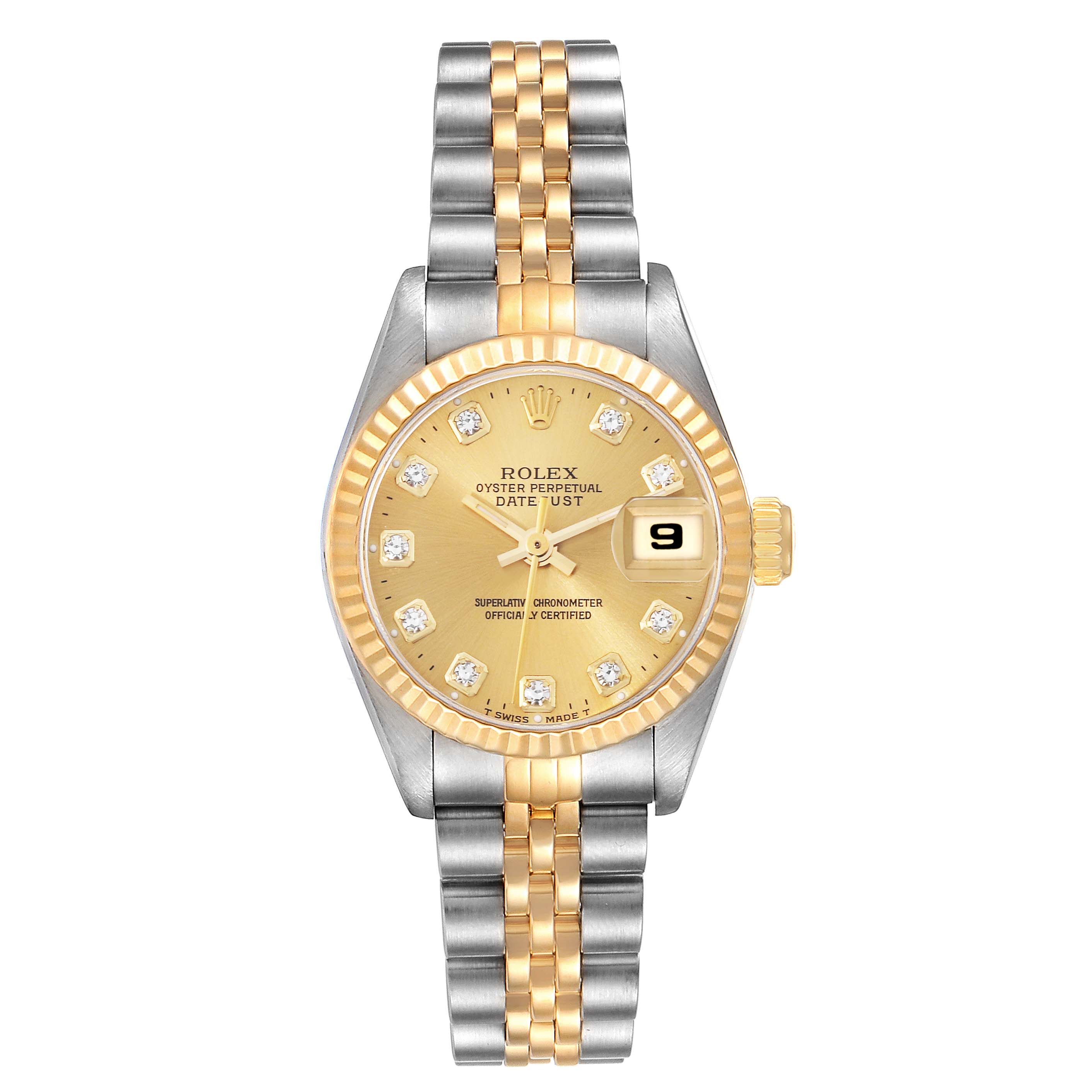 The image shows a Rolex Datejust 69173 Women's Steel and Gold (two tone) Champagne Dial 69173 Women's Steel and Gold (two tone) Champagne Dial watch taken from a frontal angle, displaying the dial, hands, date window, and two-tone bracelet.