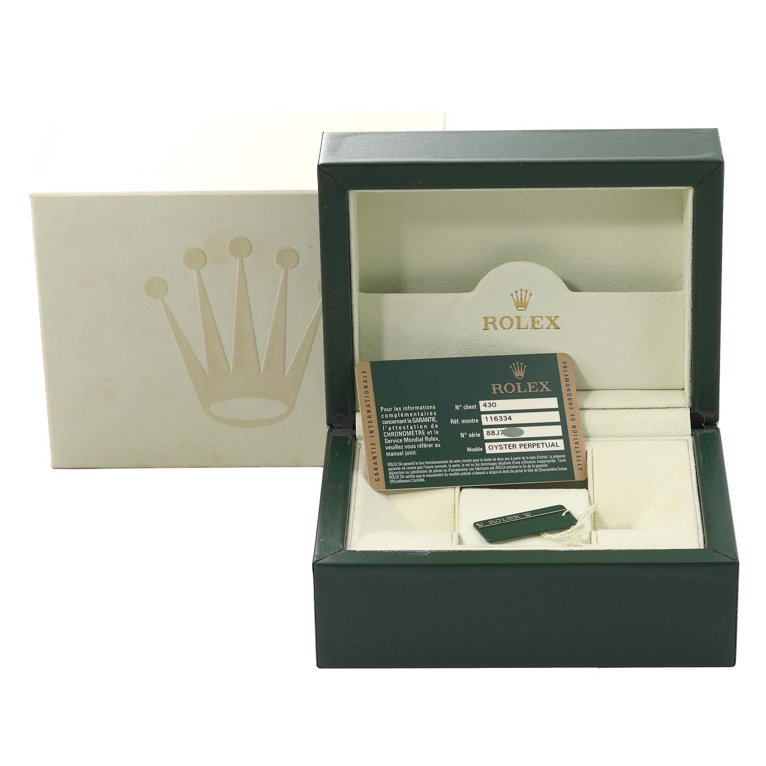 This image shows a Rolex Datejust 41 116334 Men
s Stainless Steel Black Dial 116334 Men
s Stainless Steel Black Dial model
s open watch box and Best Quality
ity card from a front angle.