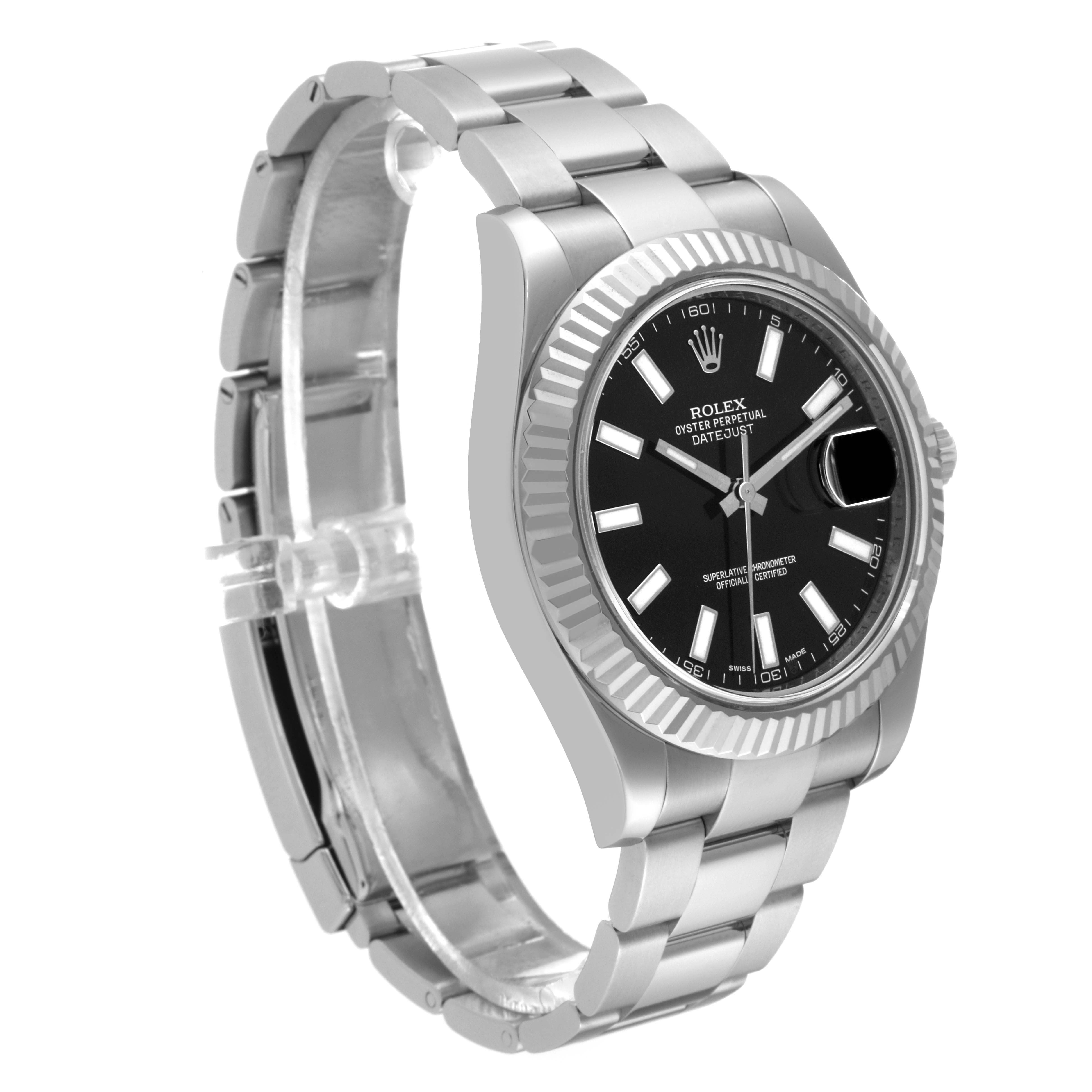 The image shows a Rolex Datejust 41 116334 Men
s Stainless Steel Black Dial 116334 Men
s Stainless Steel Black Dial watch from a slightly angled side view, revealing its bracelet, black dial, and bezel.