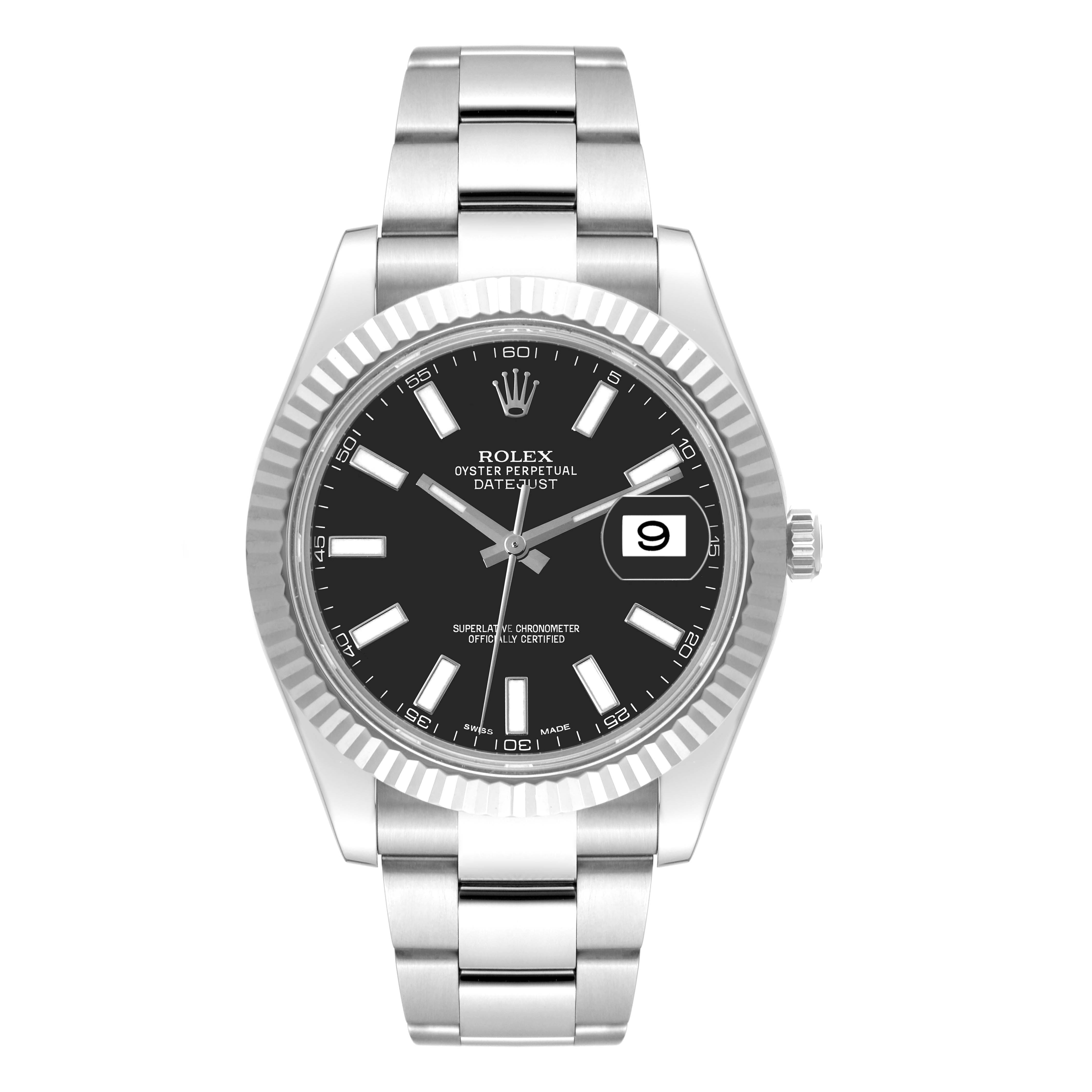 The image shows a front view of the Rolex Datejust 41 116334 Men
s Stainless Steel Black Dial 116334 Men
s Stainless Steel Black Dial watch, highlighting its dial, bezel, bracelet, and date window.