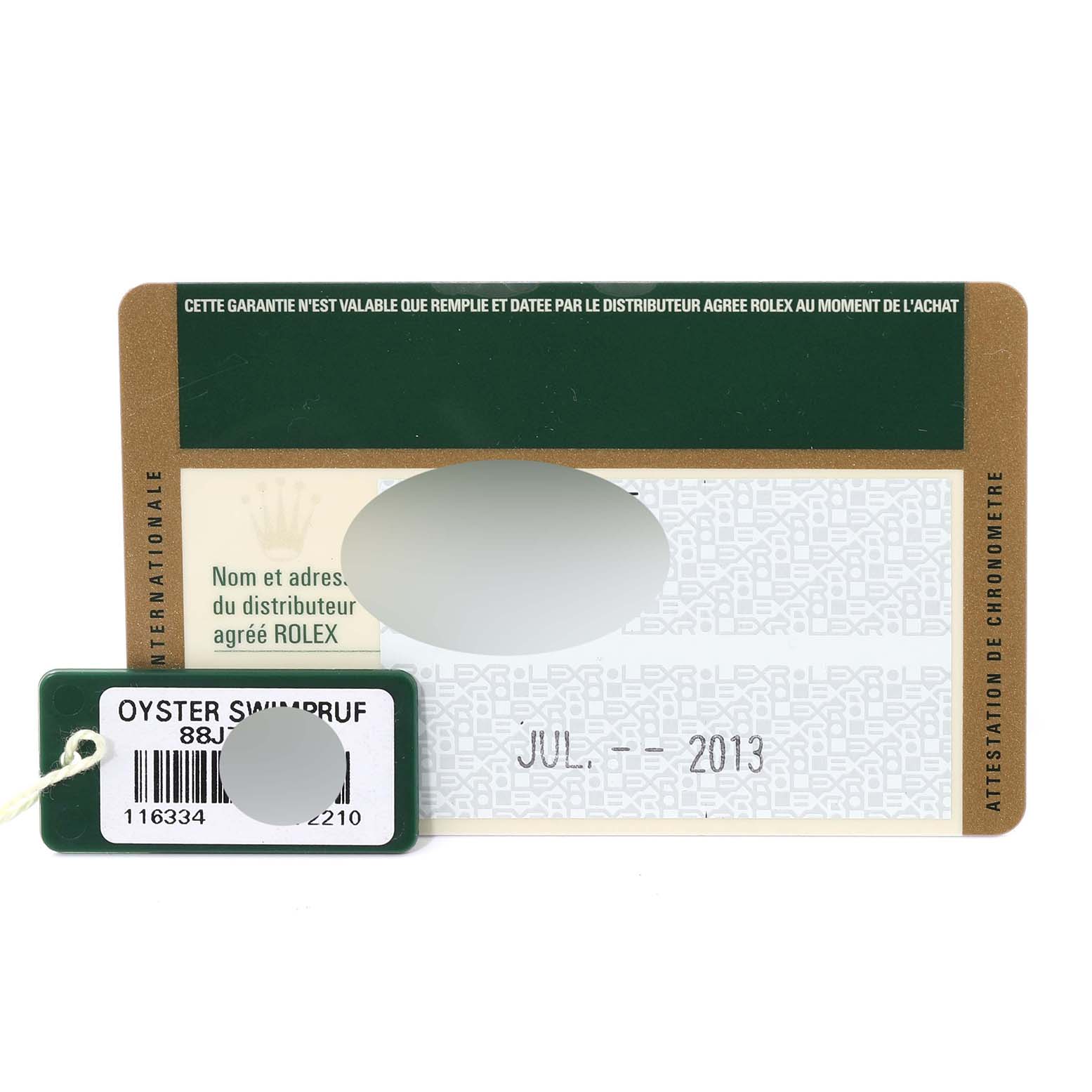 This image shows the warranty card and hang tag for a Rolex Datejust 41 116334 Men
s Stainless Steel Black Dial 116334 Men
s Stainless Steel Black Dial model, including purchase date details.