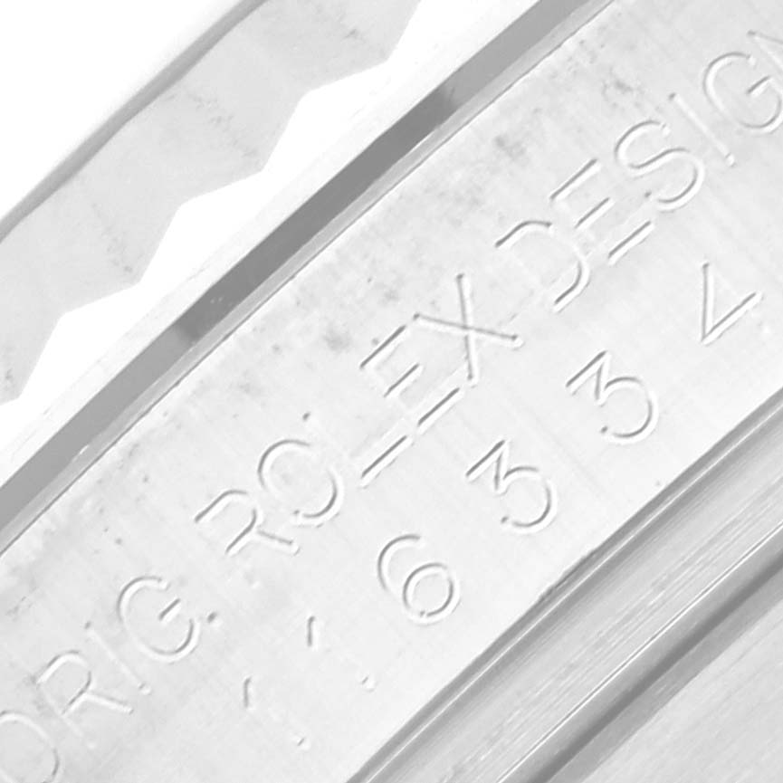 This close-up image shows the engraved inner bezel of a Rolex Datejust 41 116334 Men
s Stainless Steel Black Dial 116334 Men
s Stainless Steel Black Dial watch.