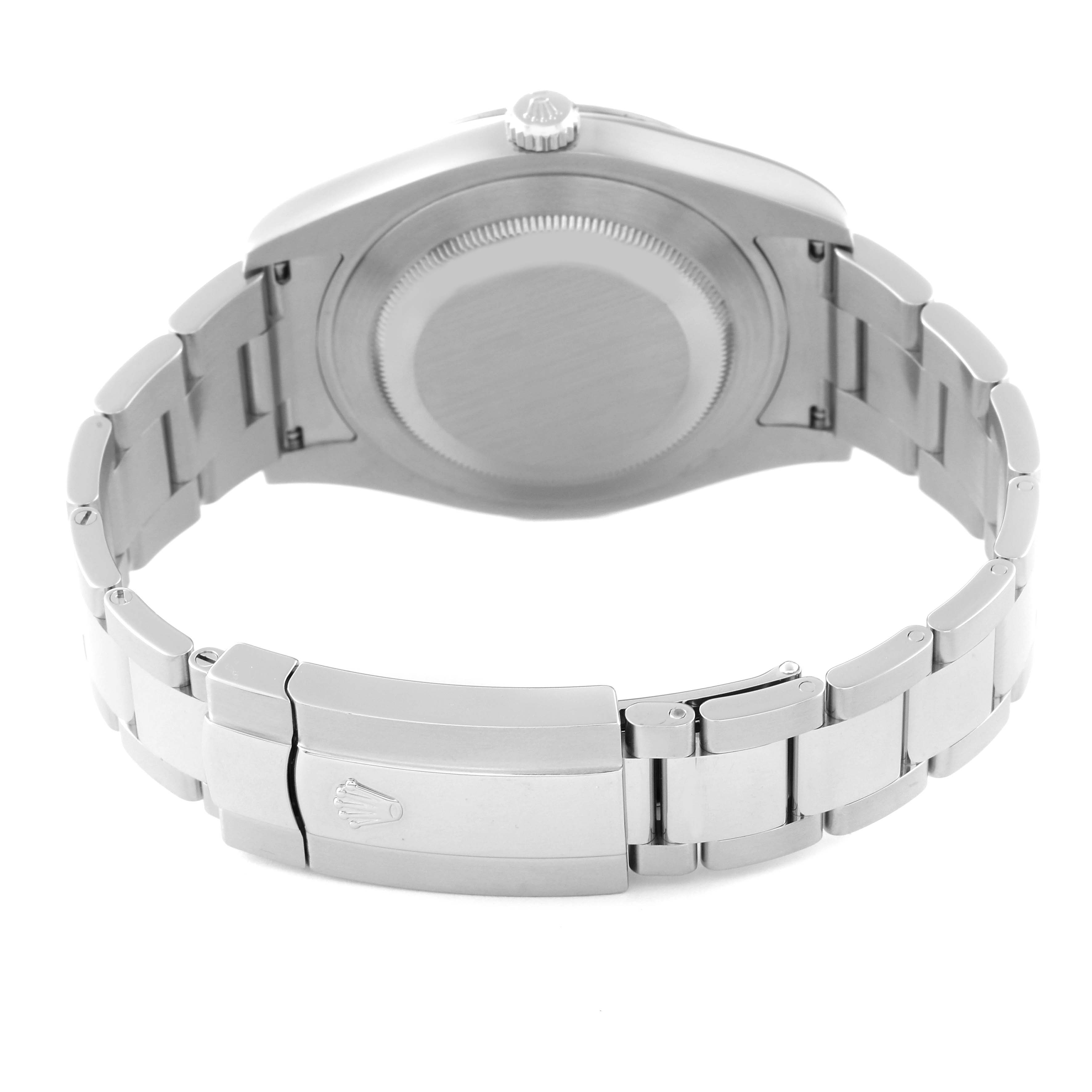 This image shows the rear view of a Rolex Datejust 41 116334 Men
s Stainless Steel Black Dial 116334 Men
s Stainless Steel Black Dial model watch, displaying the case back and bracelet with a clasp.