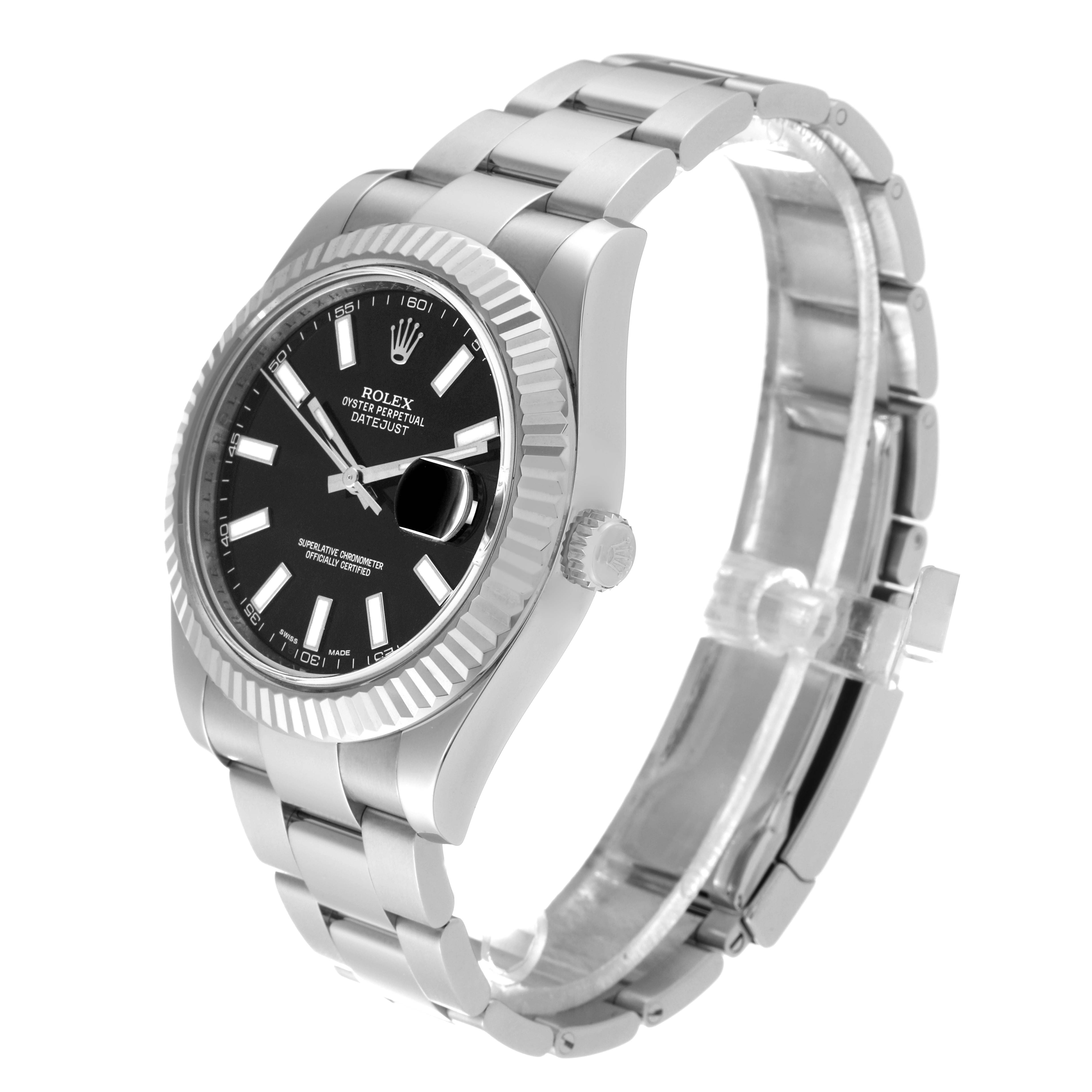 The Rolex Datejust 41 116334 Men
s Stainless Steel Black Dial 116334 Men
s Stainless Steel Black Dial watch is shown at a side angle, highlighting the case, bracelet, and black dial.