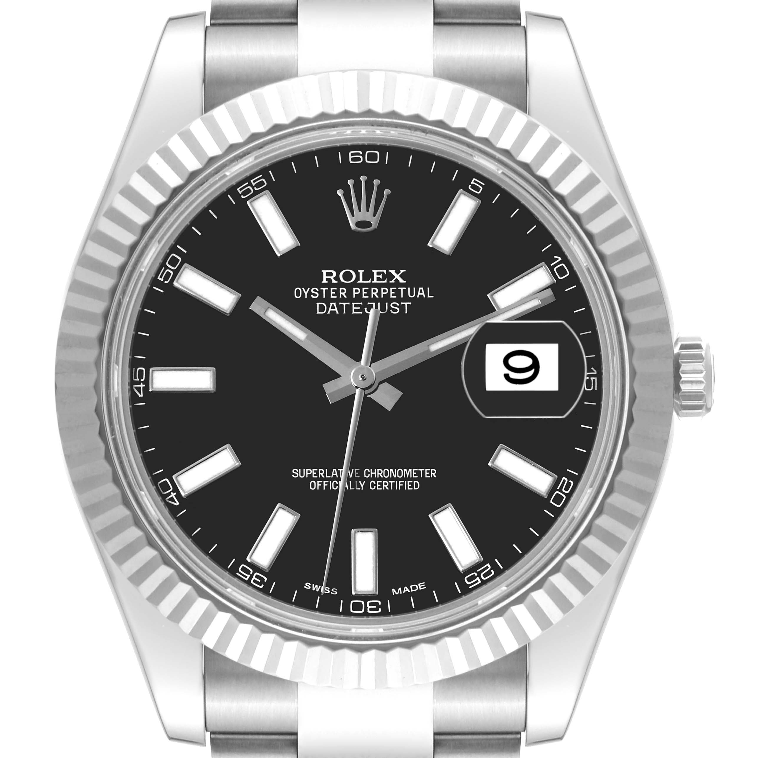 The image shows a front view of the Rolex Datejust 41 116334 Men
s Stainless Steel Black Dial 116334 Men
s Stainless Steel Black Dial, highlighting its black dial, fluted bezel, and date window.