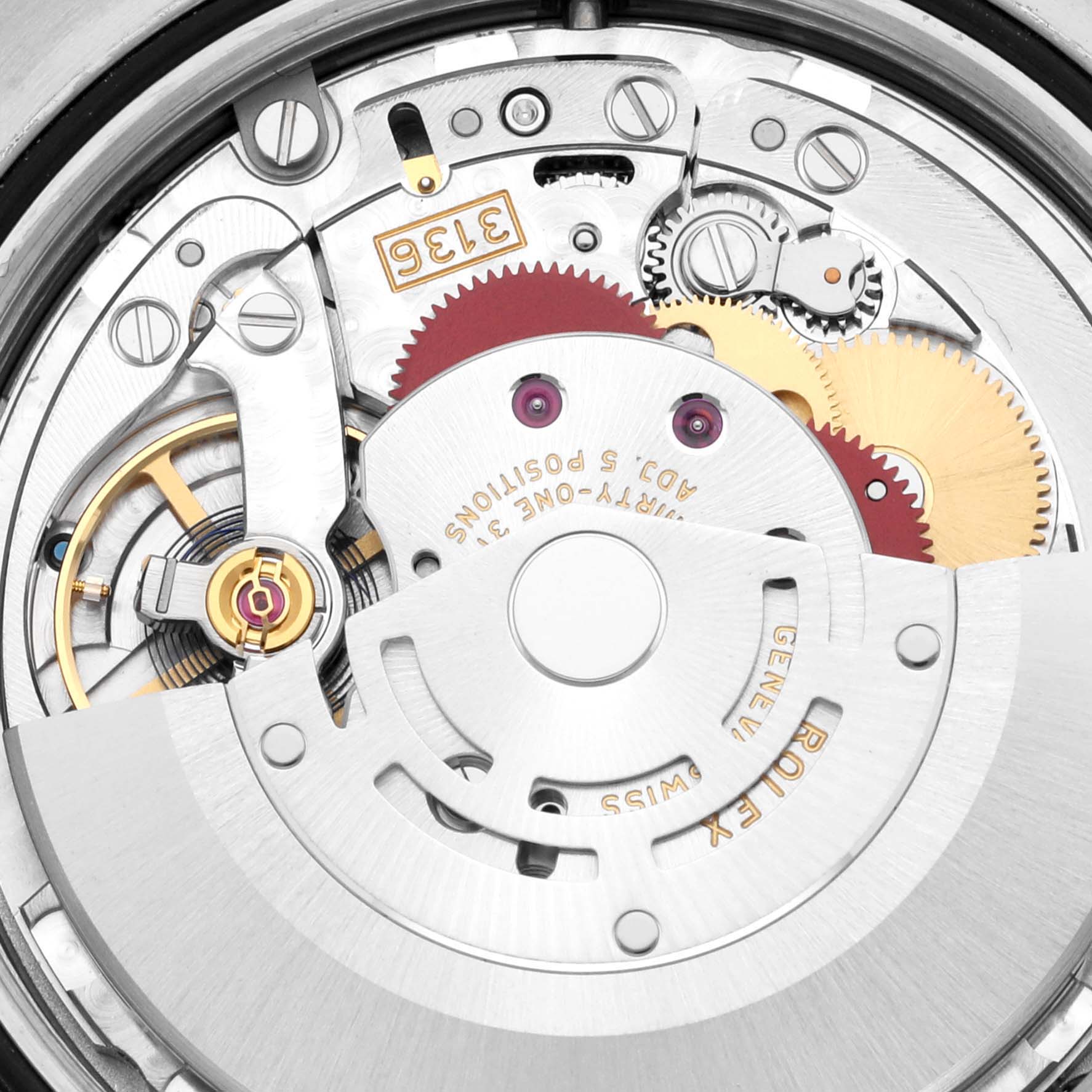 This image shows a close-up of the mechanical movement parts inside a Rolex Datejust 41 116334 Men
s Stainless Steel Black Dial 116334 Men
s Stainless Steel Black Dial model watch.