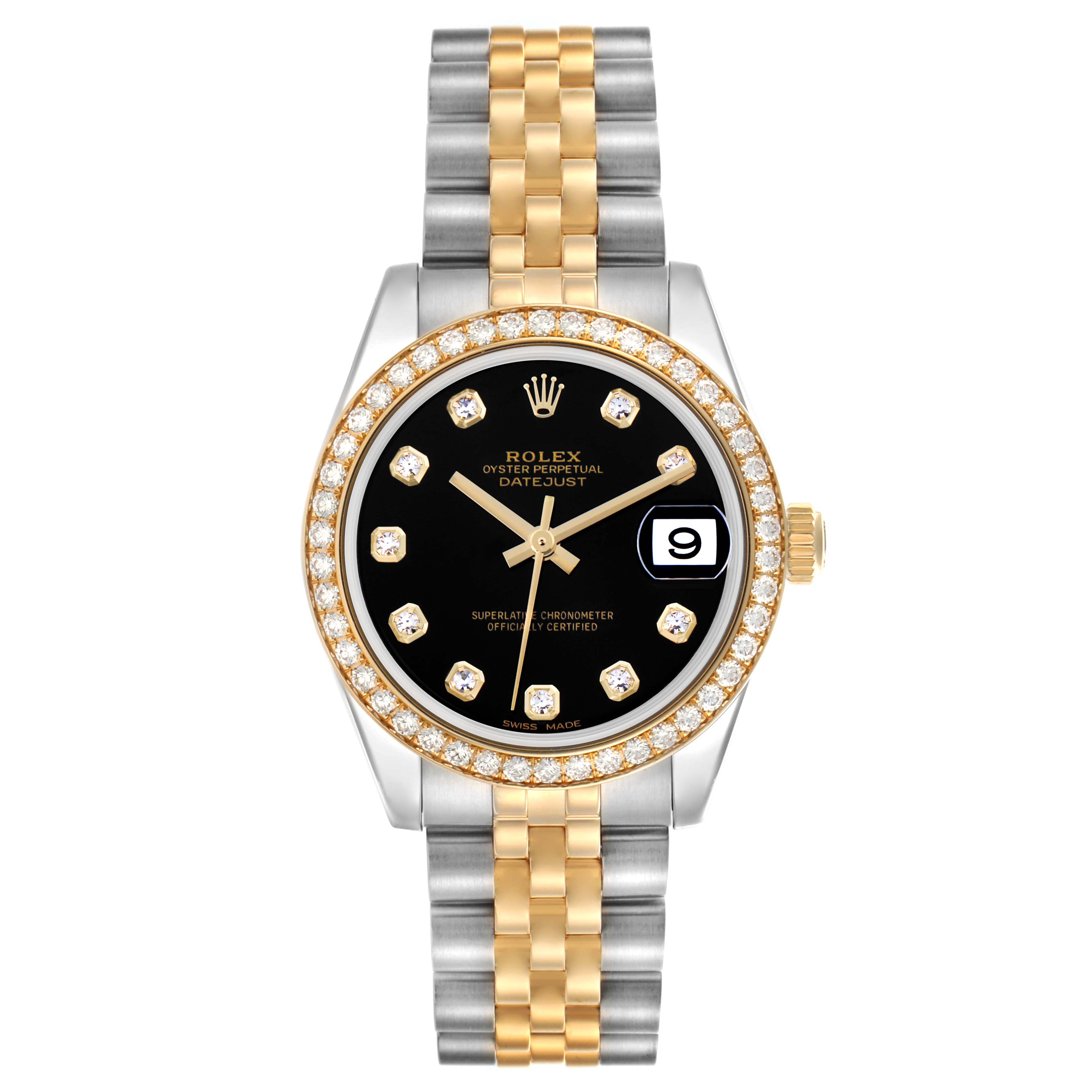 The Rolex Mid-Size 178383 Women's Steel and Gold (two tone) Black Dial 178383 Women's Steel and Gold (two tone) Black Dial model is shown from a top-down angle, highlighting the case, bezel, dial, and bracelet.