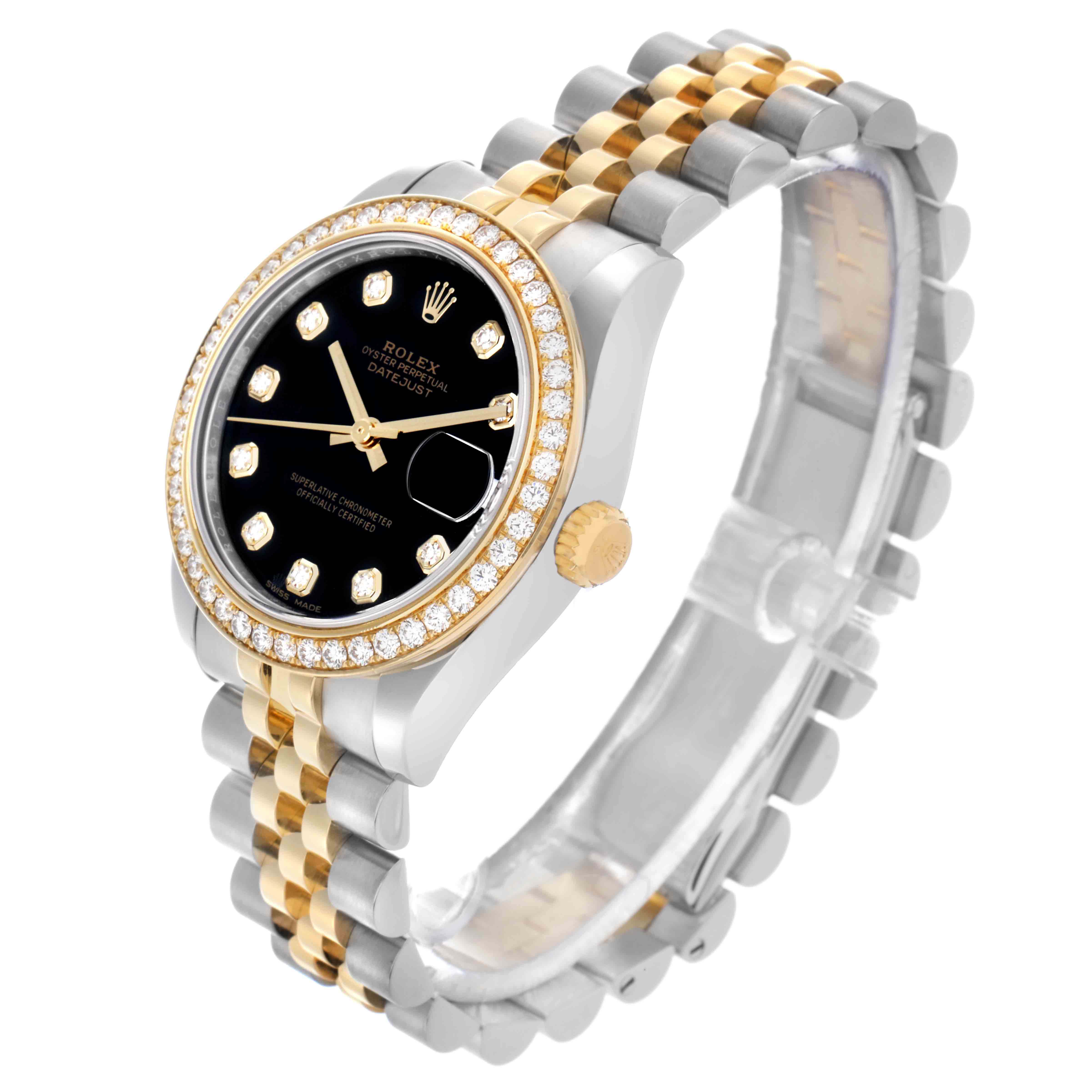 The Rolex Mid-Size 178383 Women's Steel and Gold (two tone) Black Dial 178383 Women's Steel and Gold (two tone) Black Dial watch is shown at an oblique angle, highlighting its gold bezel, black dial, diamond indices, and two-tone bracelet.