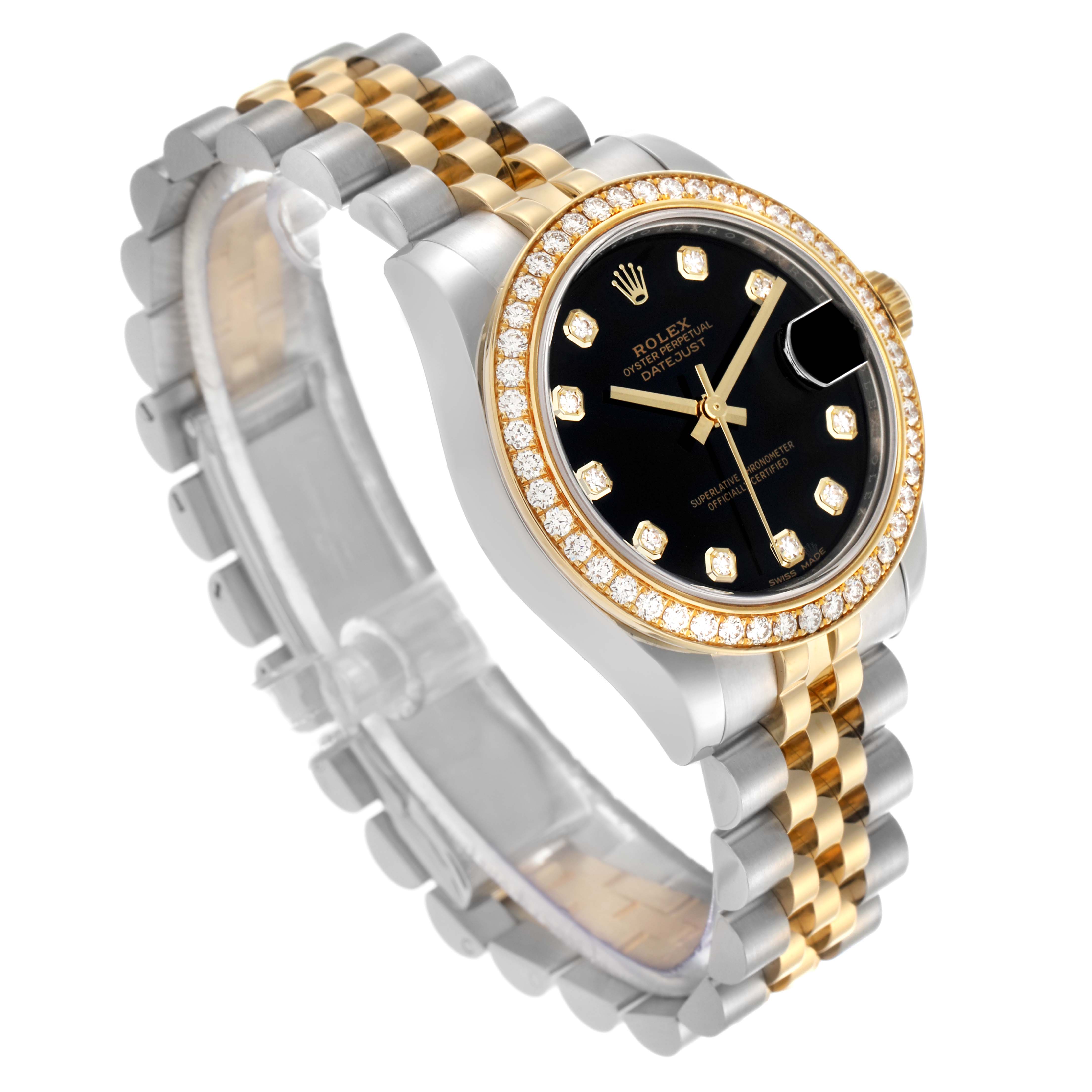 The Rolex Mid-Size 178383 Women's Steel and Gold (two tone) Black Dial 178383 Women's Steel and Gold (two tone) Black Dial model is shown from a three-quarter angle, highlighting the bezel, dial, and two-tone bracelet.