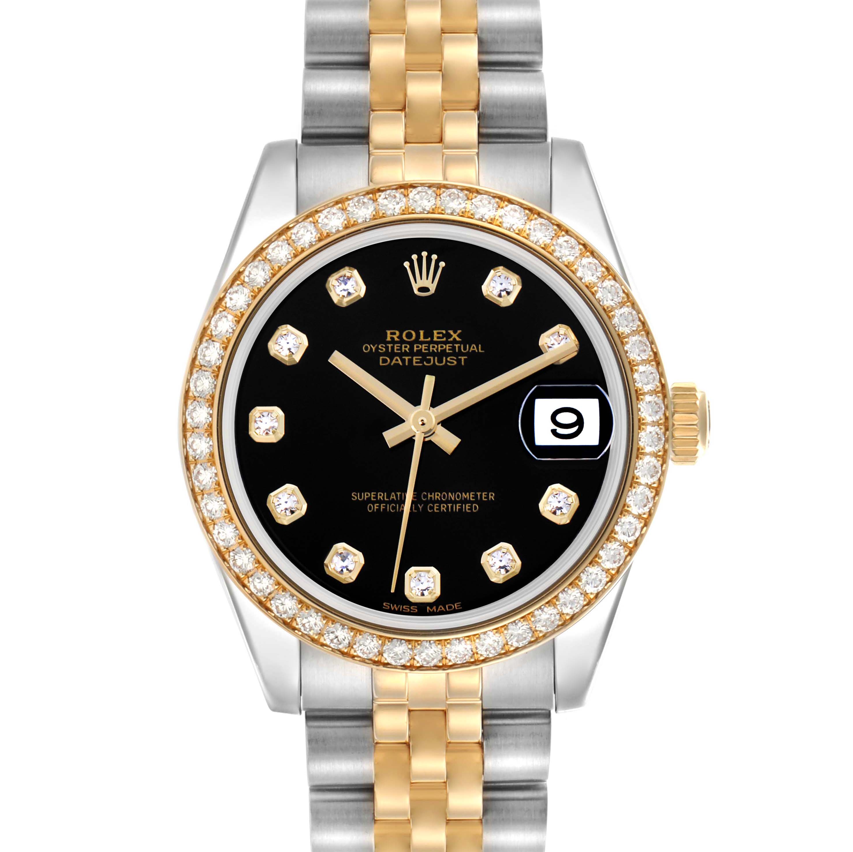 The Rolex Mid-Size 178383 Women's Steel and Gold (two tone) Black Dial 178383 Women's Steel and Gold (two tone) Black Dial model is shown from the front, highlighting its bezel, dial, and bracelet.