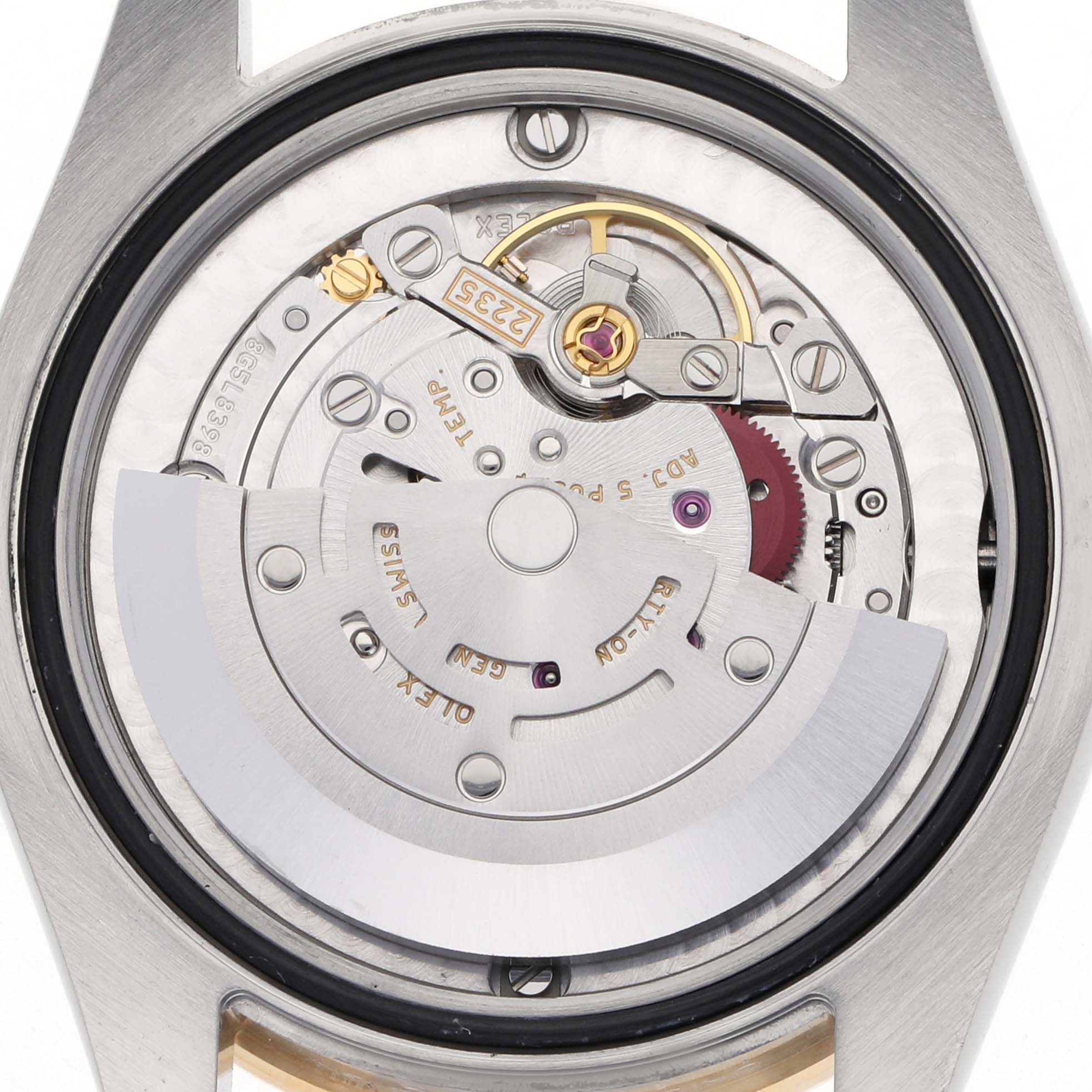 The image shows the back view of a Rolex Mid-Size 178383 Women's Steel and Gold (two tone) Black Dial 178383 Women's Steel and Gold (two tone) Black Dial model, highlighting its intricate movement and rotor mechanism.