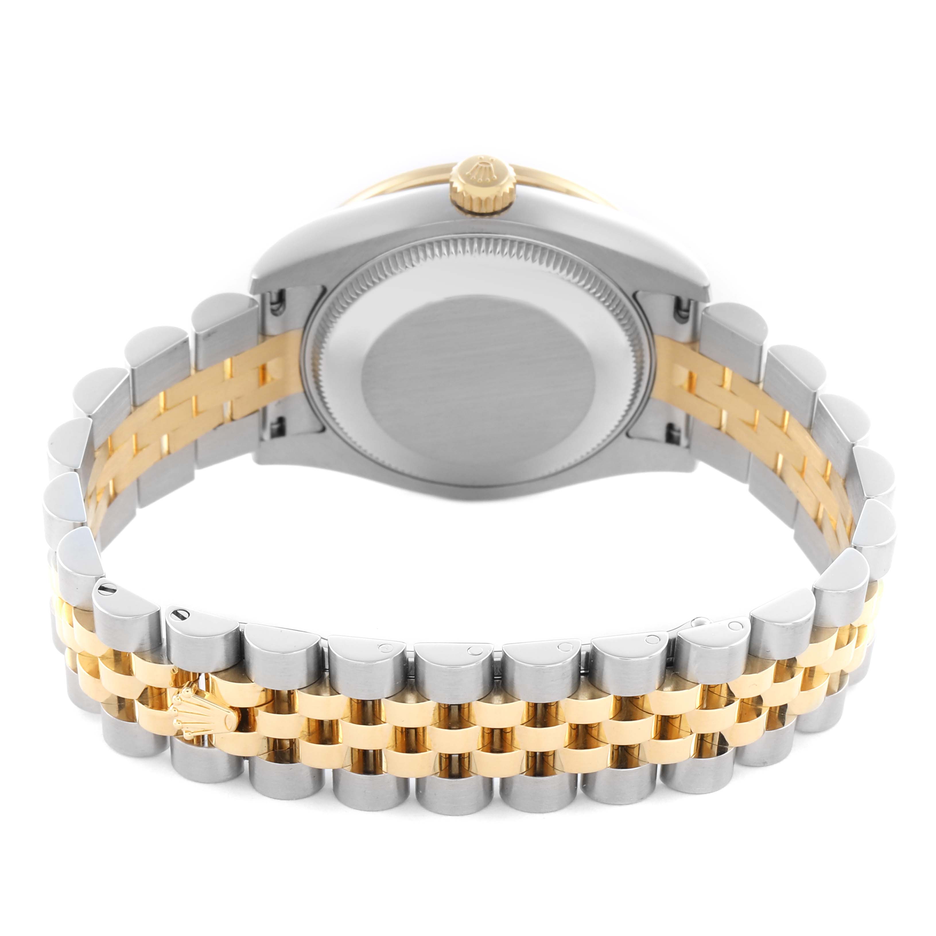 The image shows the back view of a Rolex Mid-Size 178383 Women's Steel and Gold (two tone) Black Dial 178383 Women's Steel and Gold (two tone) Black Dial model, highlighting the two-tone bracelet and case back.