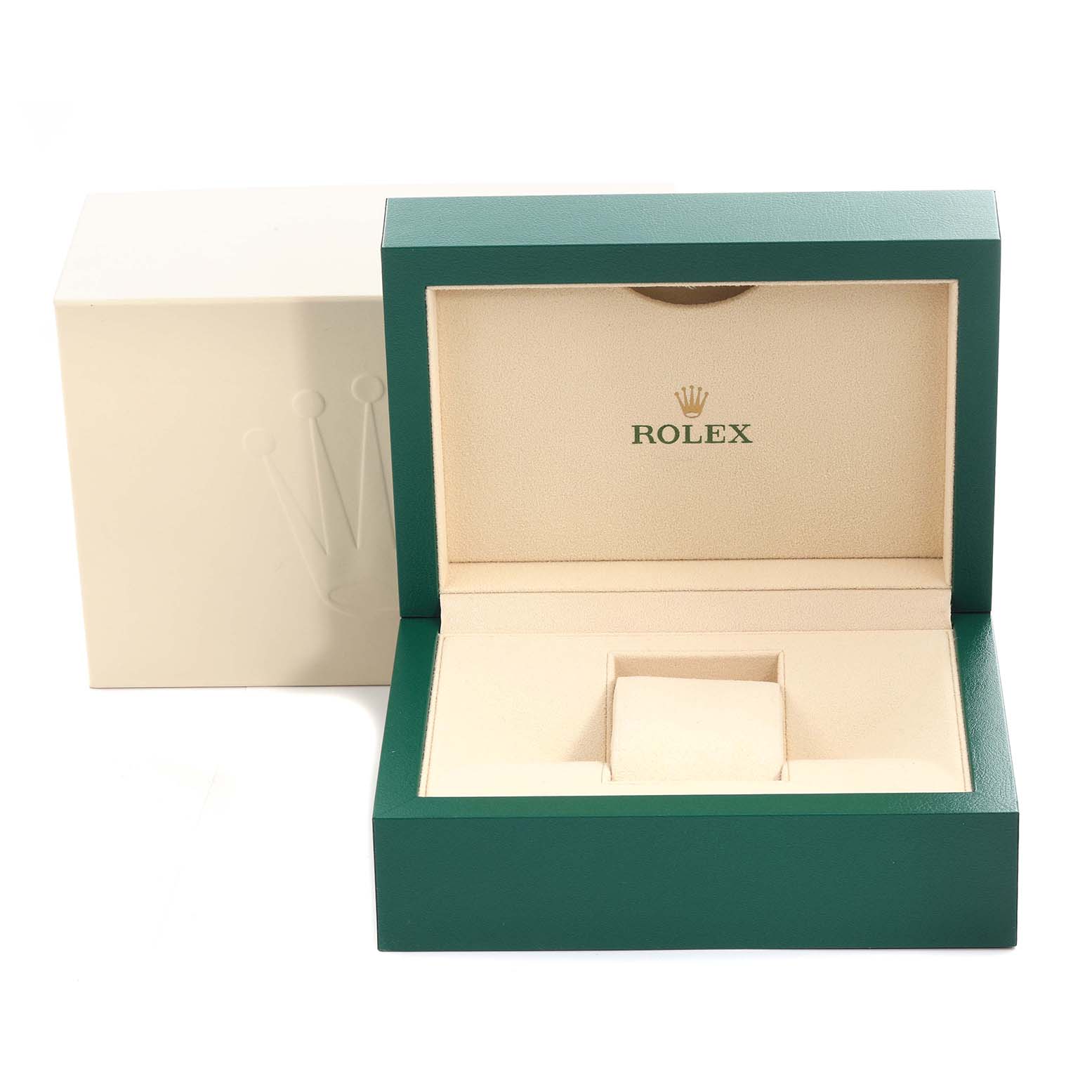 The image shows an open Rolex watch box at an angle, displaying the interior where a Mid-Size model would be placed.