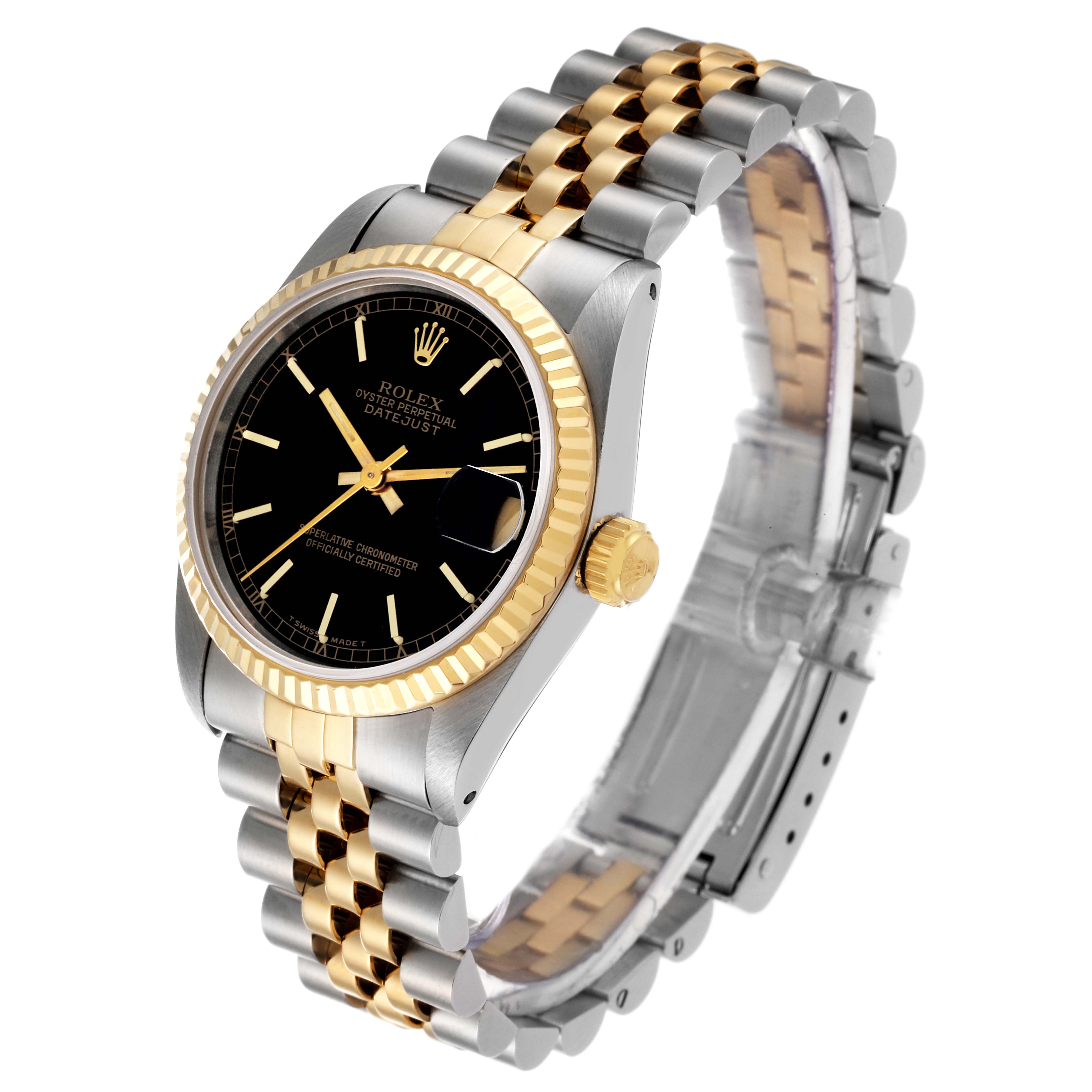 The Mid-Size Rolex Oyster Perpetual Datejust watch is shown at an oblique angle, highlighting the black dial, fluted bezel, two-tone bracelet, and crown.