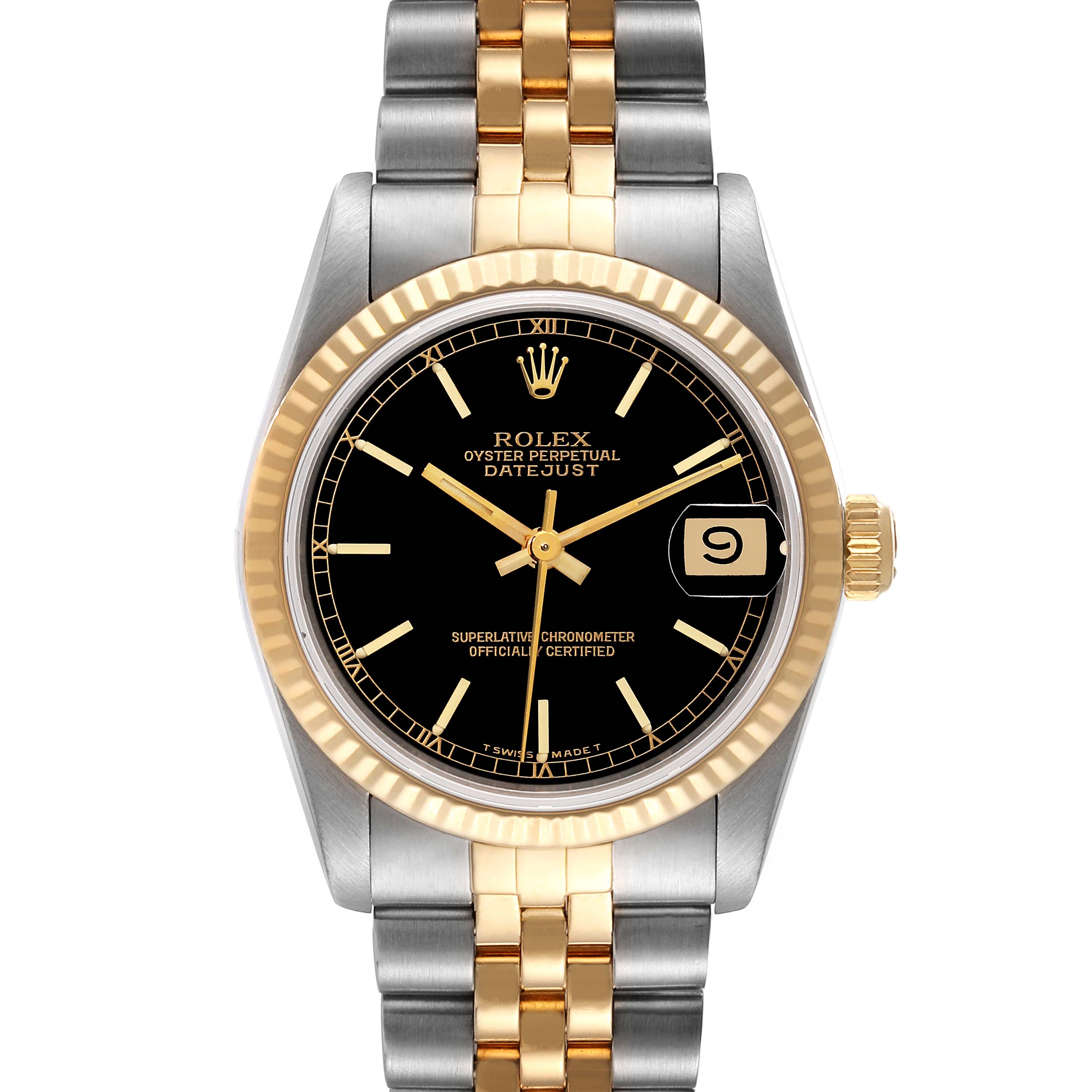 The image shows a front view of a Rolex Mid-Size 68273 Women
s Steel and Gold (two tone) Black Dial 68273 Women
s Steel and Gold (two tone) Black Dial Oyster Perpetual Datejust watch with a black dial and two-tone bracelet.