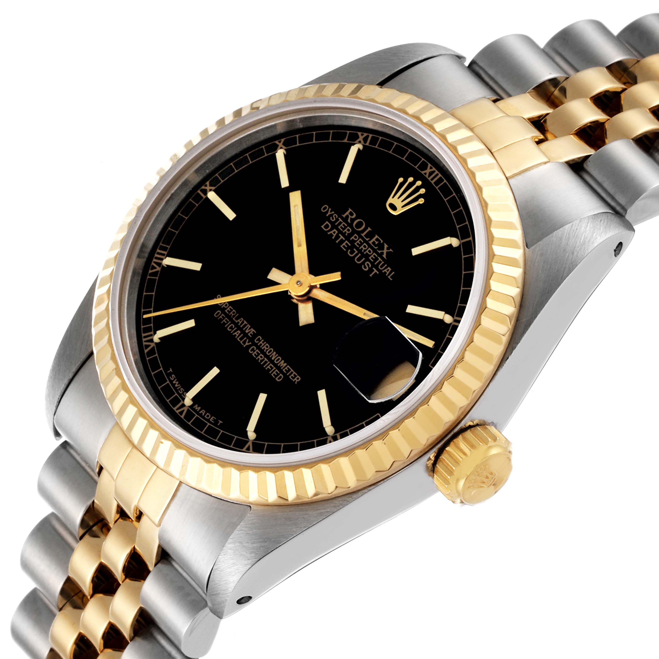 This is a side-angle view of the Rolex Mid-Size 68273 Women
s Steel and Gold (two tone) Black Dial 68273 Women
s Steel and Gold (two tone) Black Dial Datejust watch, showing the bezel, crown, bracelet, and dial.