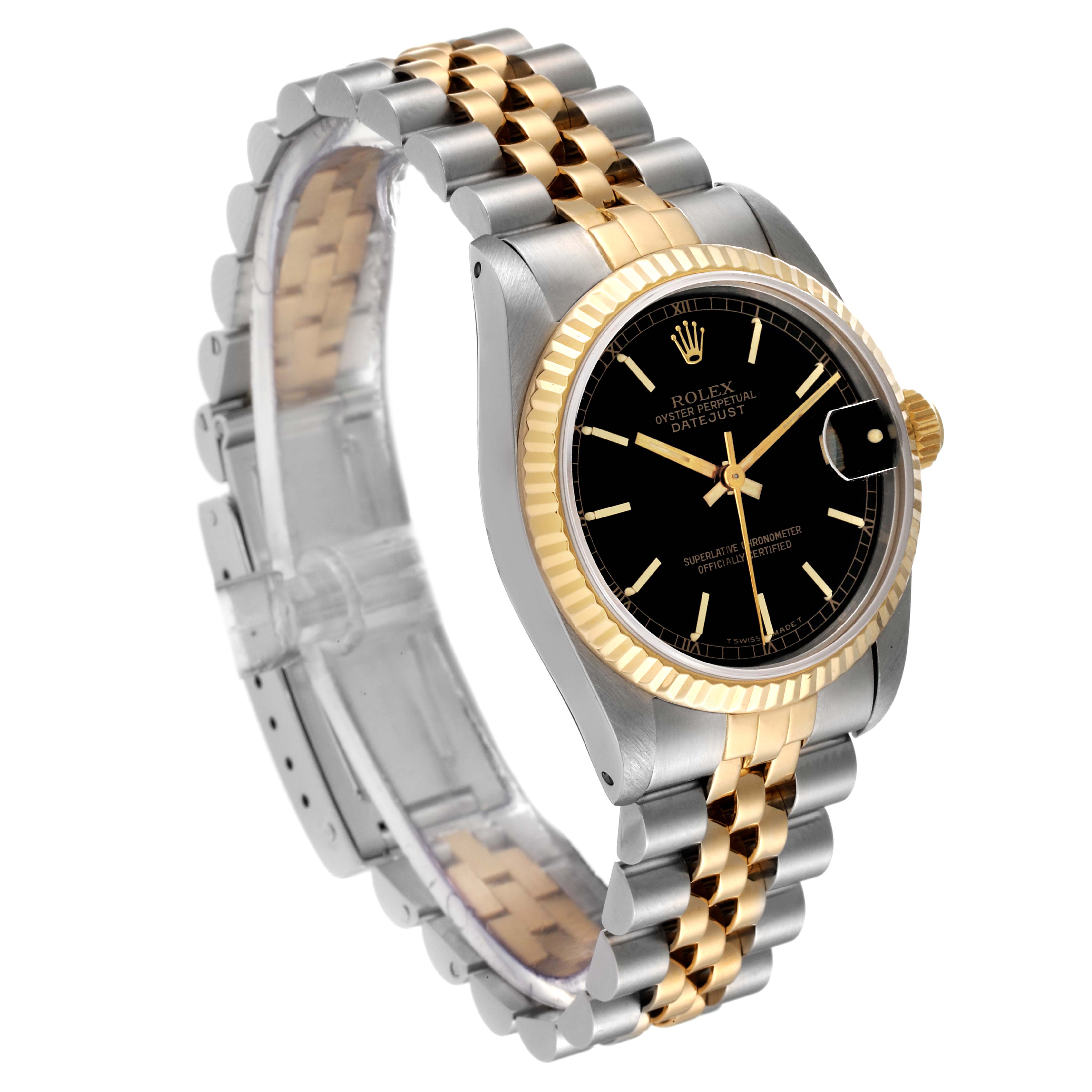 This image shows a Rolex Mid-Size 68273 Women
s Steel and Gold (two tone) Black Dial 68273 Women
s Steel and Gold (two tone) Black Dial Datejust watch with a black dial, gold bezel, and two-tone metal bracelet at a three-quarter angle.