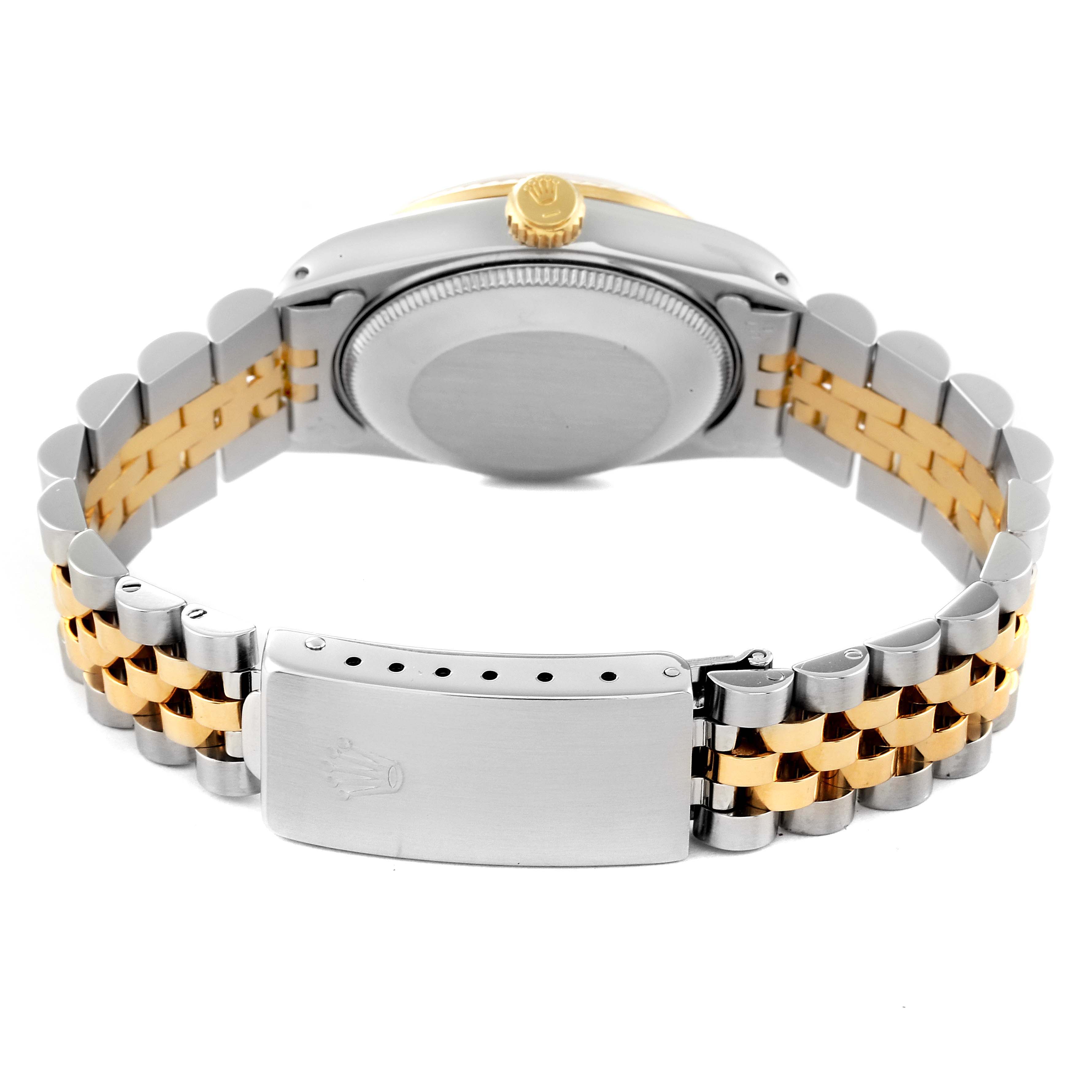 The image shows the back of a Rolex Mid-Size 68273 Women
s Steel and Gold (two tone) Black Dial 68273 Women
s Steel and Gold (two tone) Black Dial watch, highlighting its case back, crown, and two-tone bracelet with a clasp.