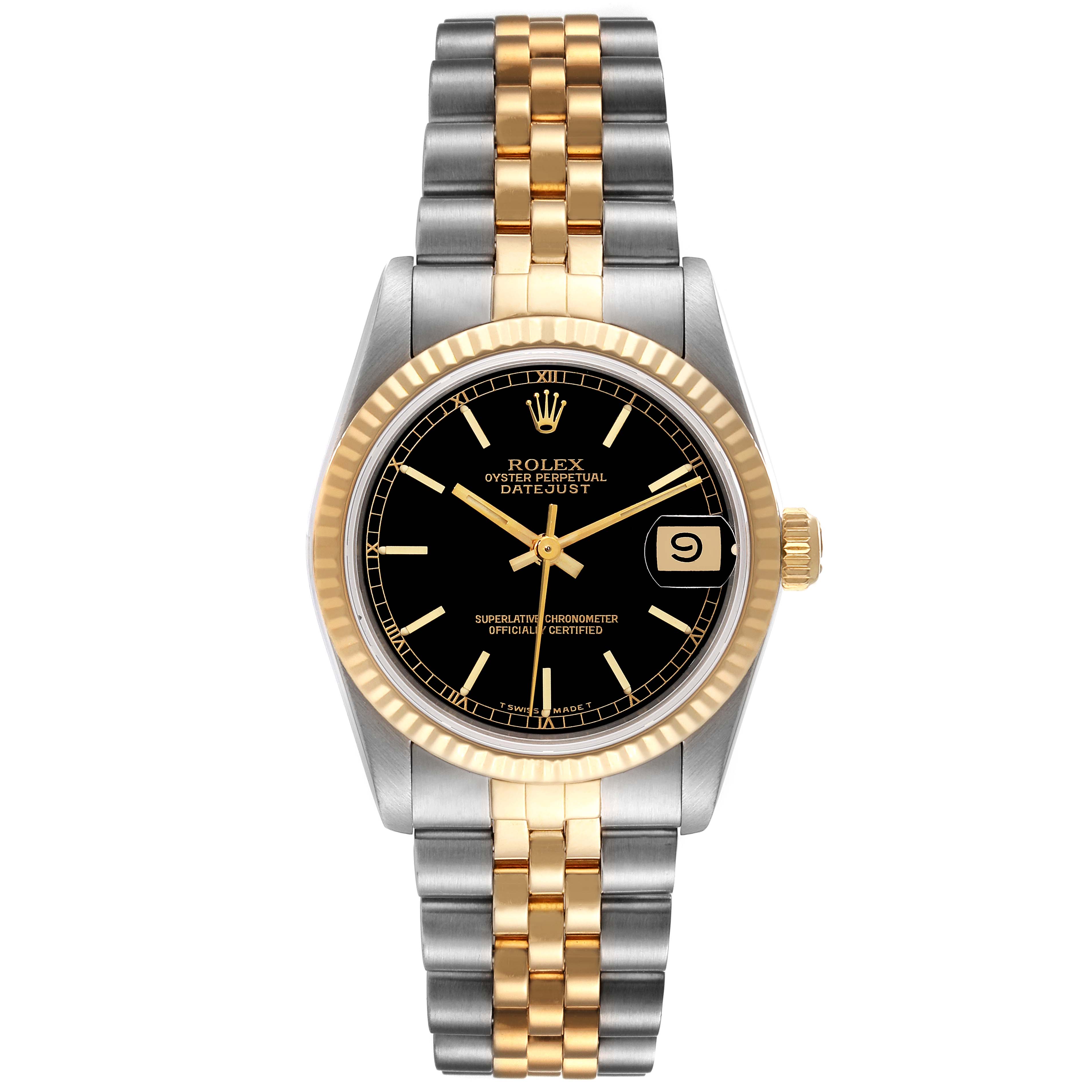 The image shows a front view of a Rolex Mid-Size 68273 Women
s Steel and Gold (two tone) Black Dial 68273 Women
s Steel and Gold (two tone) Black Dial Datejust watch with a two-tone bracelet and black dial.