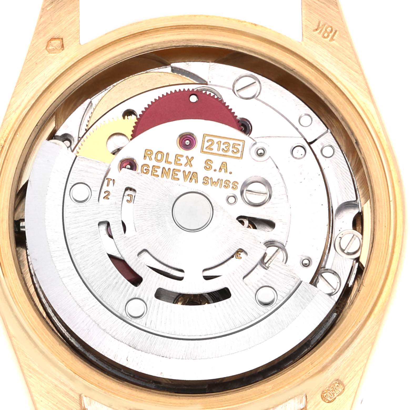 The image shows the back view of the Rolex President 69278 Women
s Yellow Gold Champagne Dial 69278 Women
s Yellow Gold Champagne Dial model, displaying its mechanical movement and inner mechanisms.