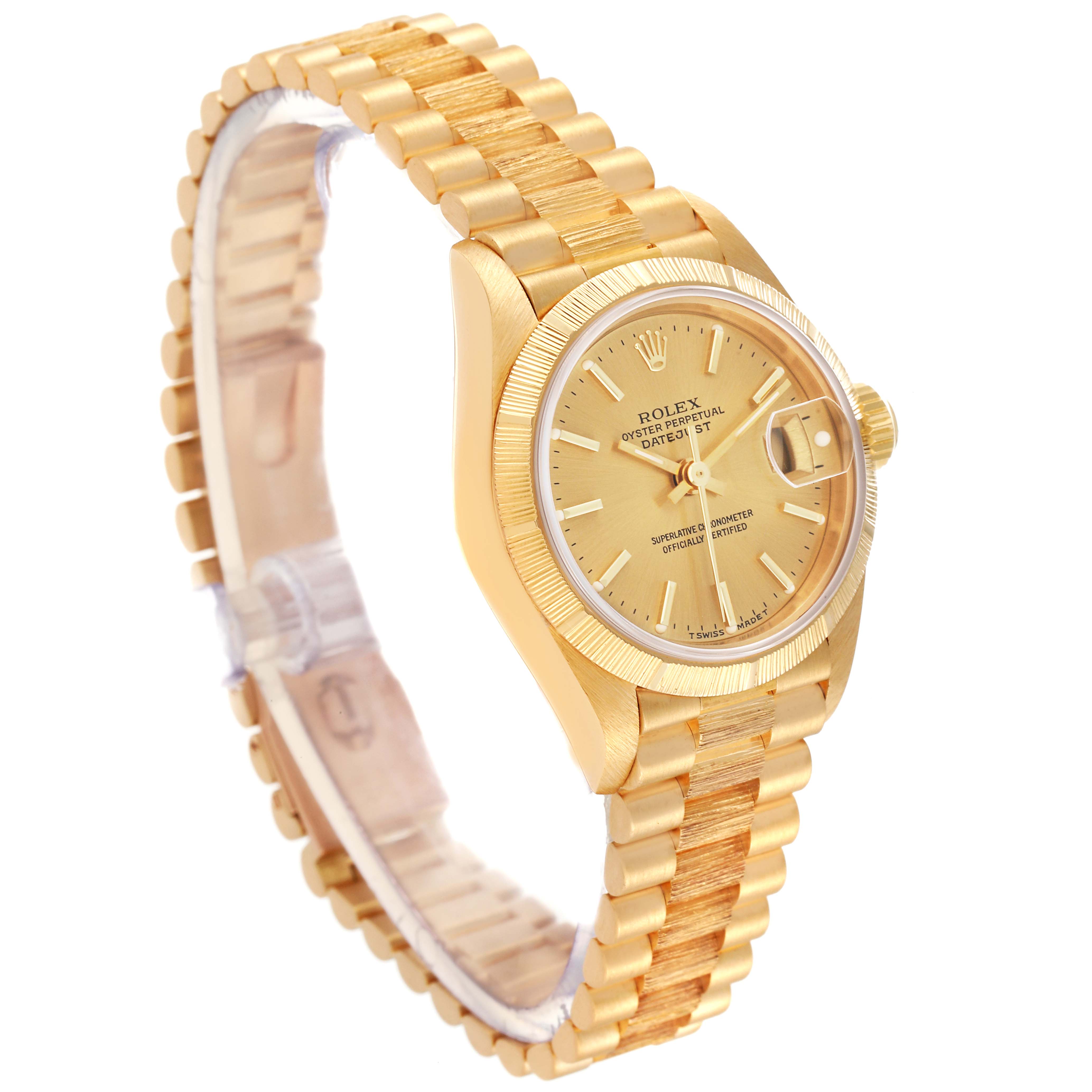 The Rolex President 69278 Women
s Yellow Gold Champagne Dial 69278 Women
s Yellow Gold Champagne Dial model watch is shown at an angle highlighting the face, bezel, and part of the bracelet.