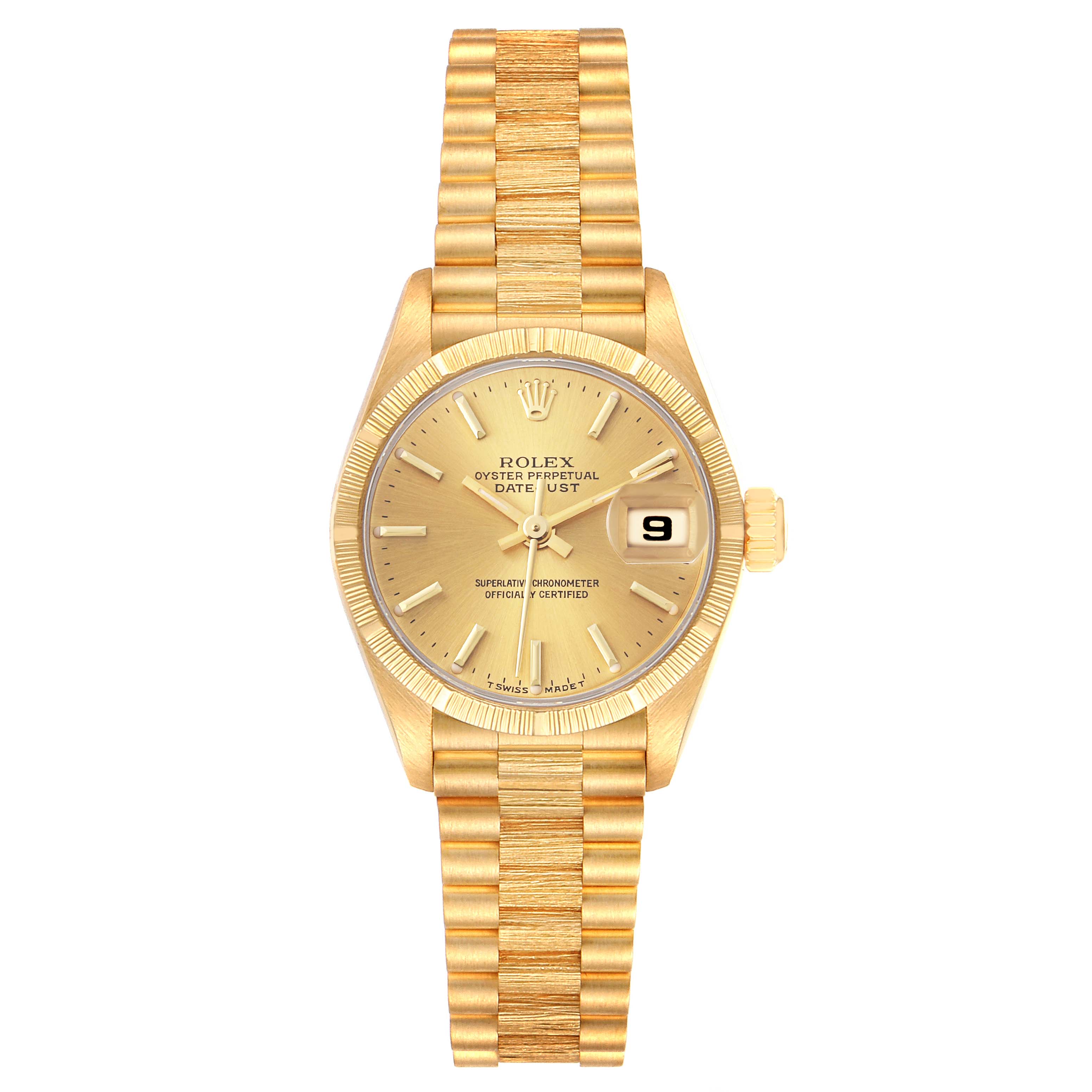 The image shows a front view of a Rolex President 69278 Women
s Yellow Gold Champagne Dial 69278 Women
s Yellow Gold Champagne Dial model, displaying the watch face, date window, and bracelet.