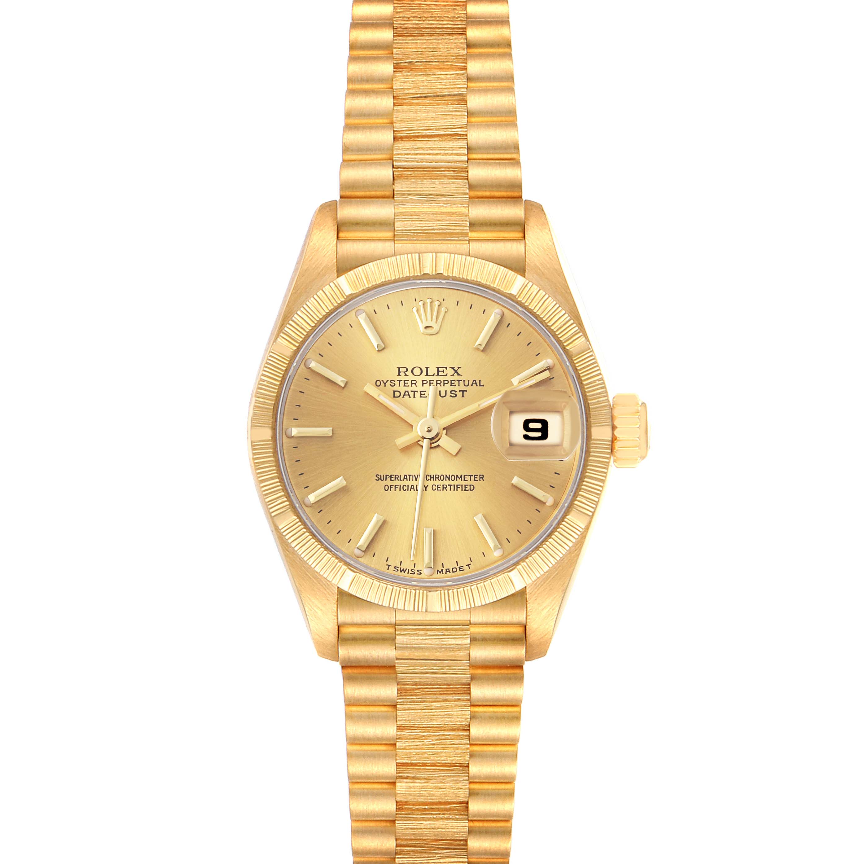 The image shows a full frontal view of the Rolex President 69278 Women
s Yellow Gold Champagne Dial 69278 Women
s Yellow Gold Champagne Dial model, including the dial, bezel, case, and bracelet.