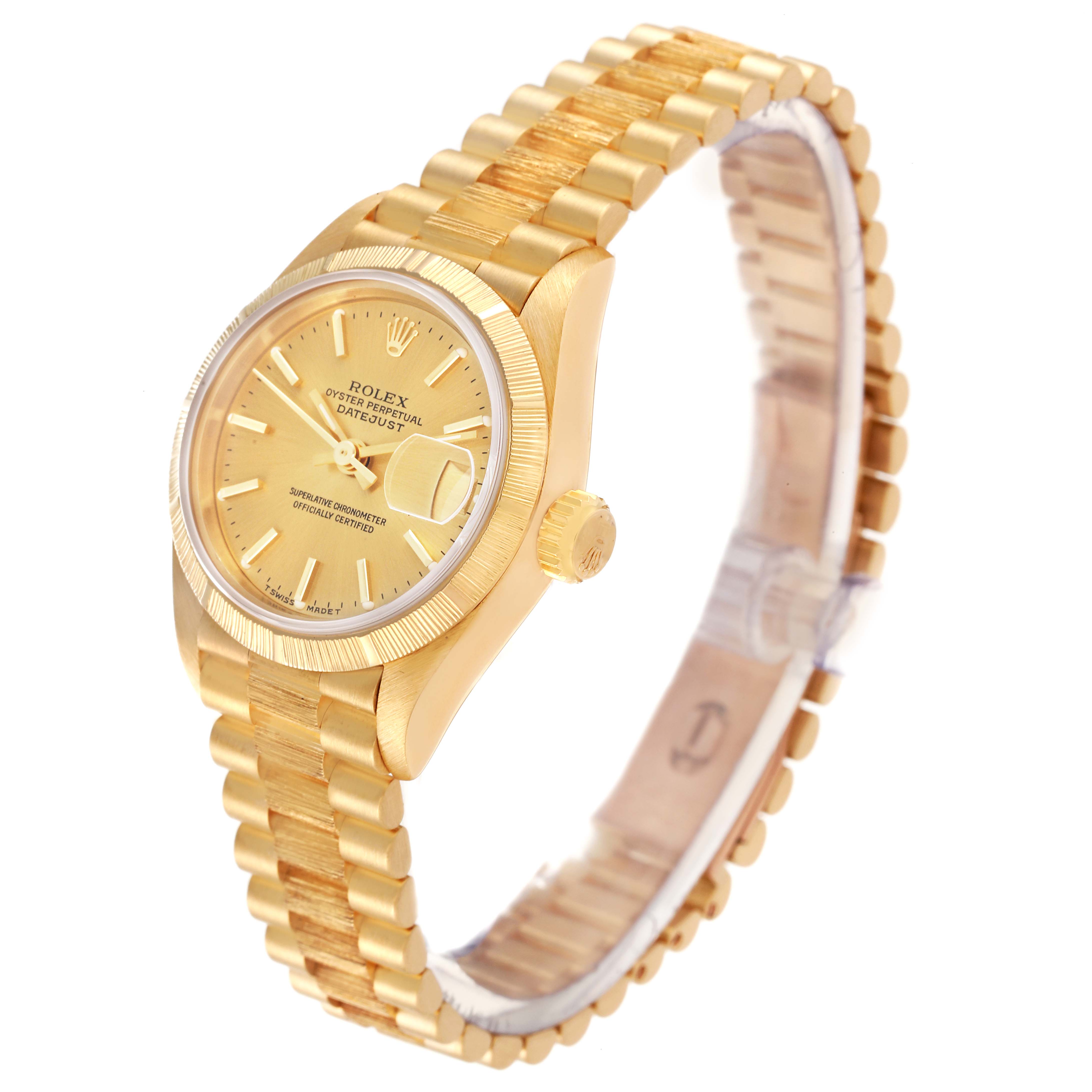 The Rolex President 69278 Women
s Yellow Gold Champagne Dial 69278 Women
s Yellow Gold Champagne Dial model watch is shown at an angle displaying the face, bezel, crown, and a portion of the bracelet.