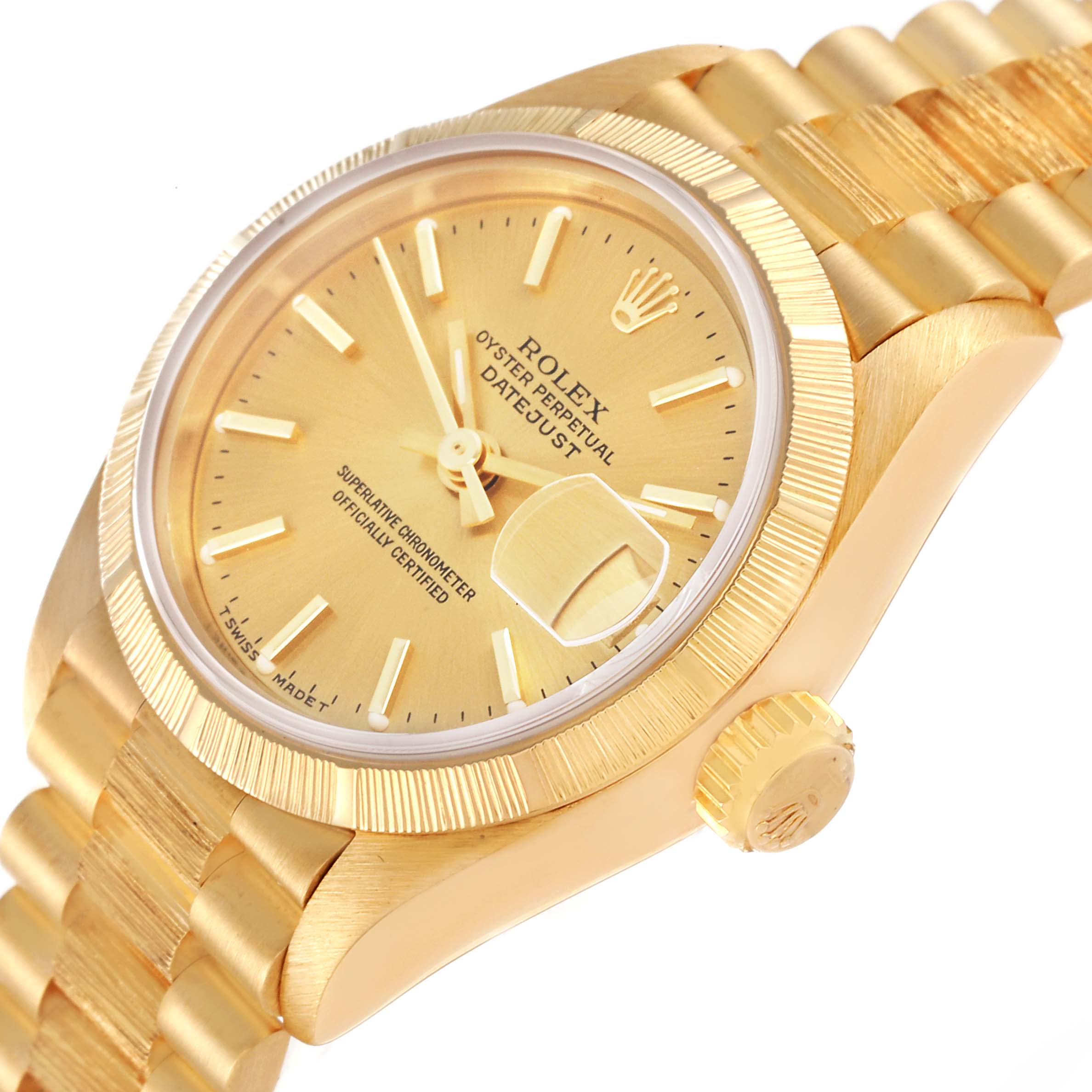 The image shows a side angle of the Rolex President 69278 Women
s Yellow Gold Champagne Dial 69278 Women
s Yellow Gold Champagne Dial model, displaying the watch face, bezel, crown, and part of the bracelet.