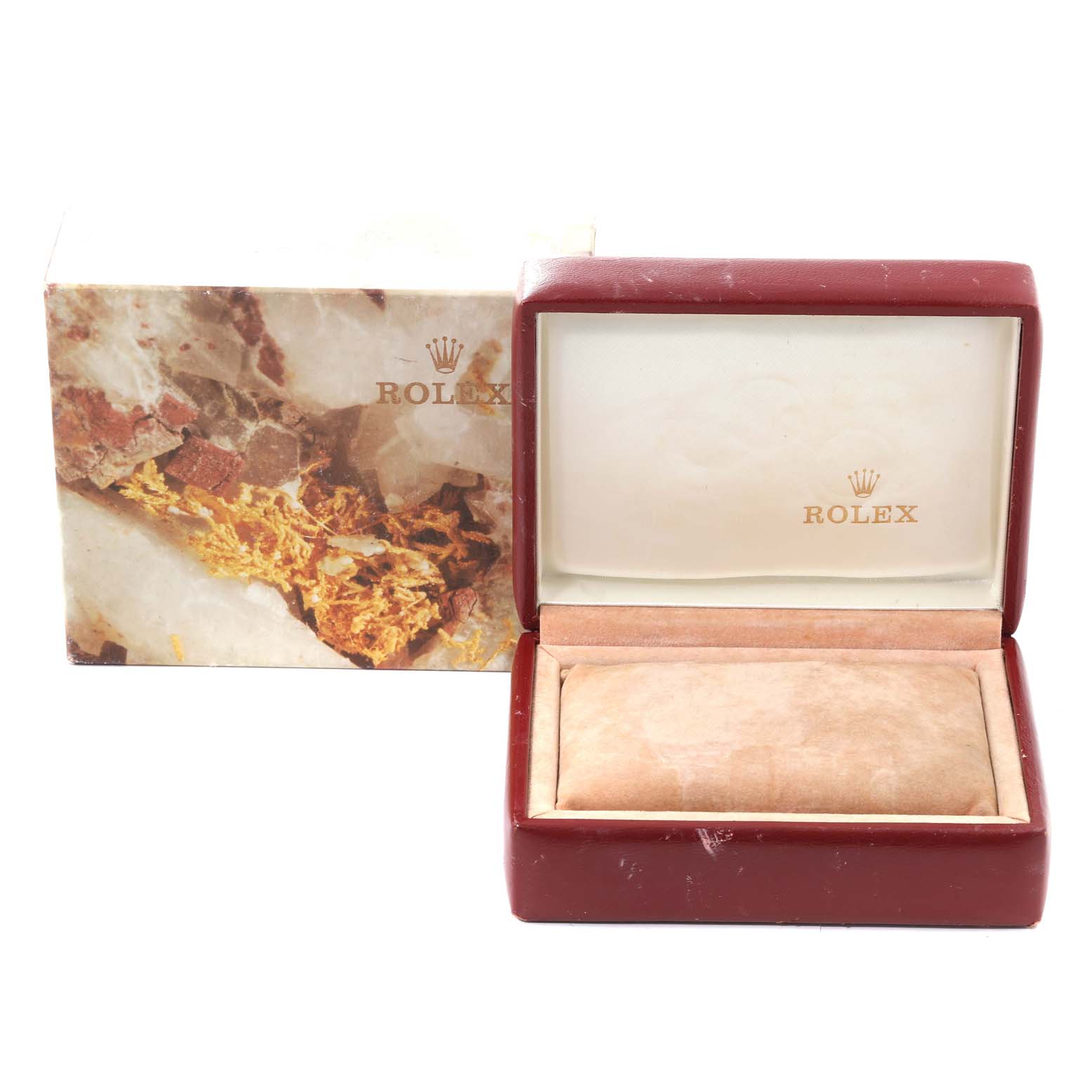 The image shows an open presentation box for a Rolex President 69278 Women
s Yellow Gold Champagne Dial 69278 Women
s Yellow Gold Champagne Dial model watch with a decorative outer box.