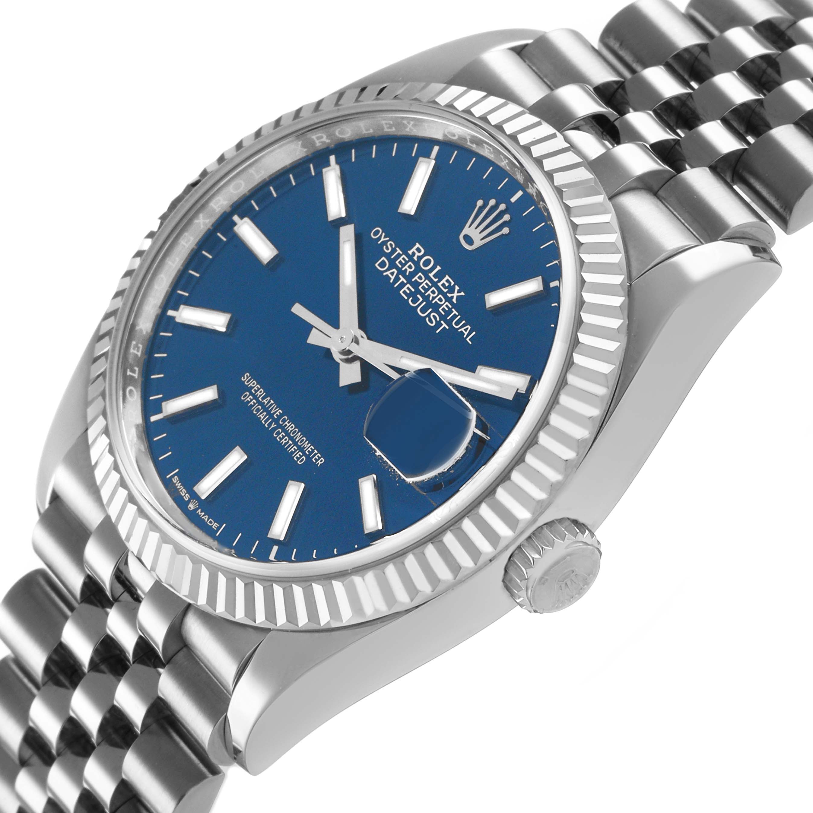 The Rolex Datejust 126234 Men's Stainless Steel Blue Dial watch is shown at an angle highlighting the blue dial, fluted bezel, and Jubilee bracelet.