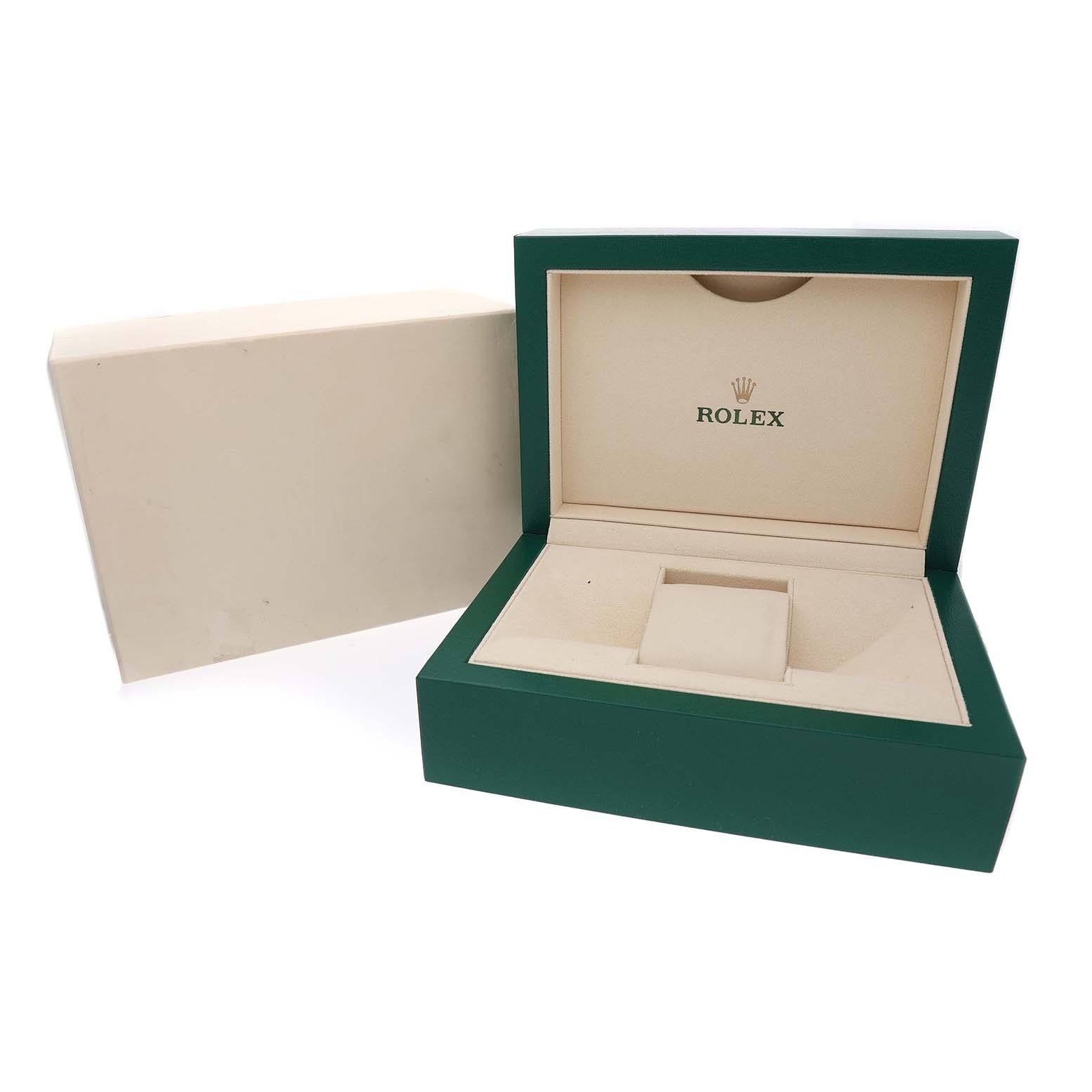 The image shows an open Rolex Datejust 126234 Men's Stainless Steel Blue Dial watch box, highlighting the interior padding and logo.