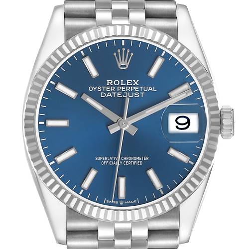 The Rolex Datejust 126234 Men's Stainless Steel Blue Dial watch is shown from the front, featuring the blue dial, fluted bezel, date window, and Jubilee bracelet.