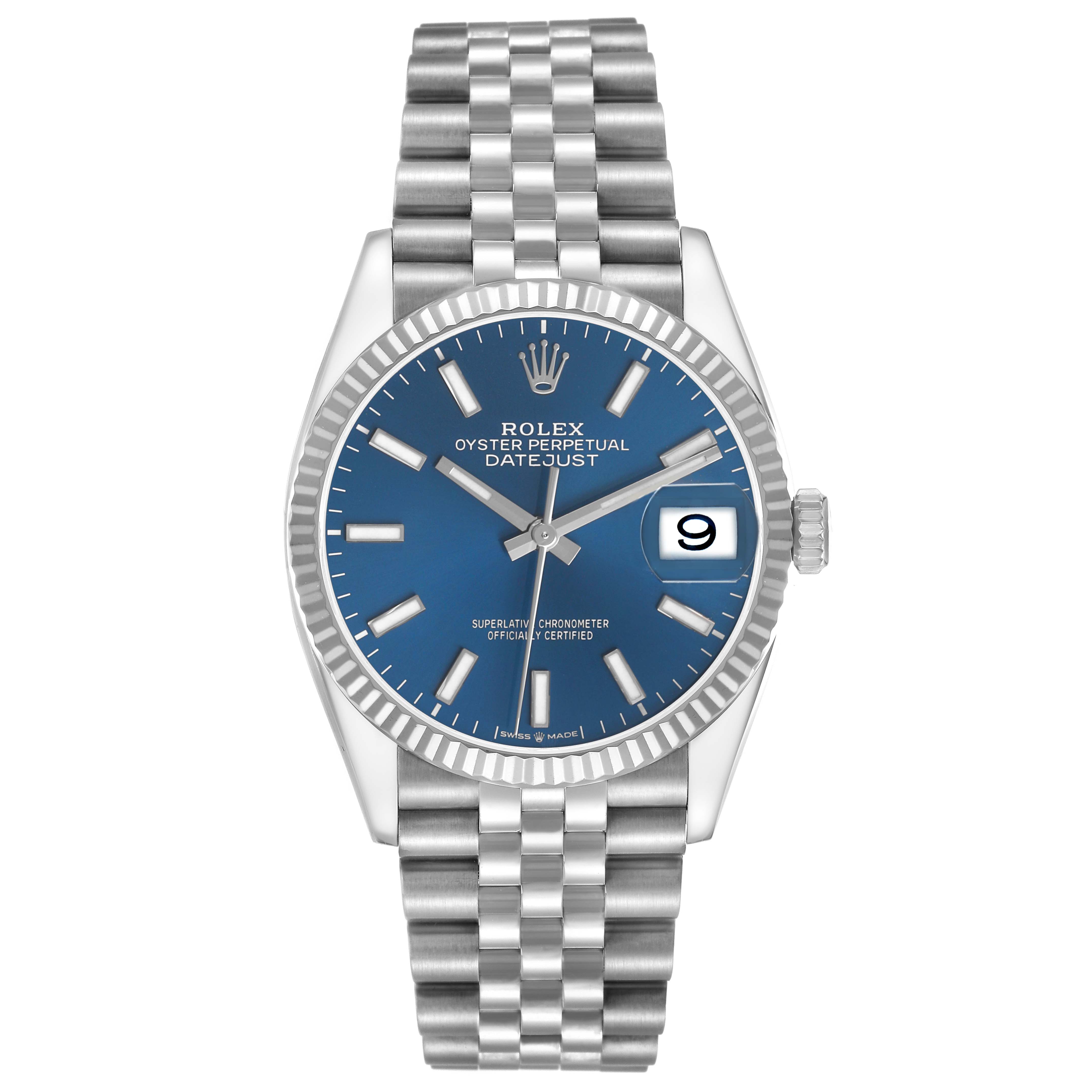 The Rolex Datejust 126234 Men's Stainless Steel Blue Dial watch is shown from a front angle, featuring its blue dial, bezel, Jubilee bracelet, and date window.