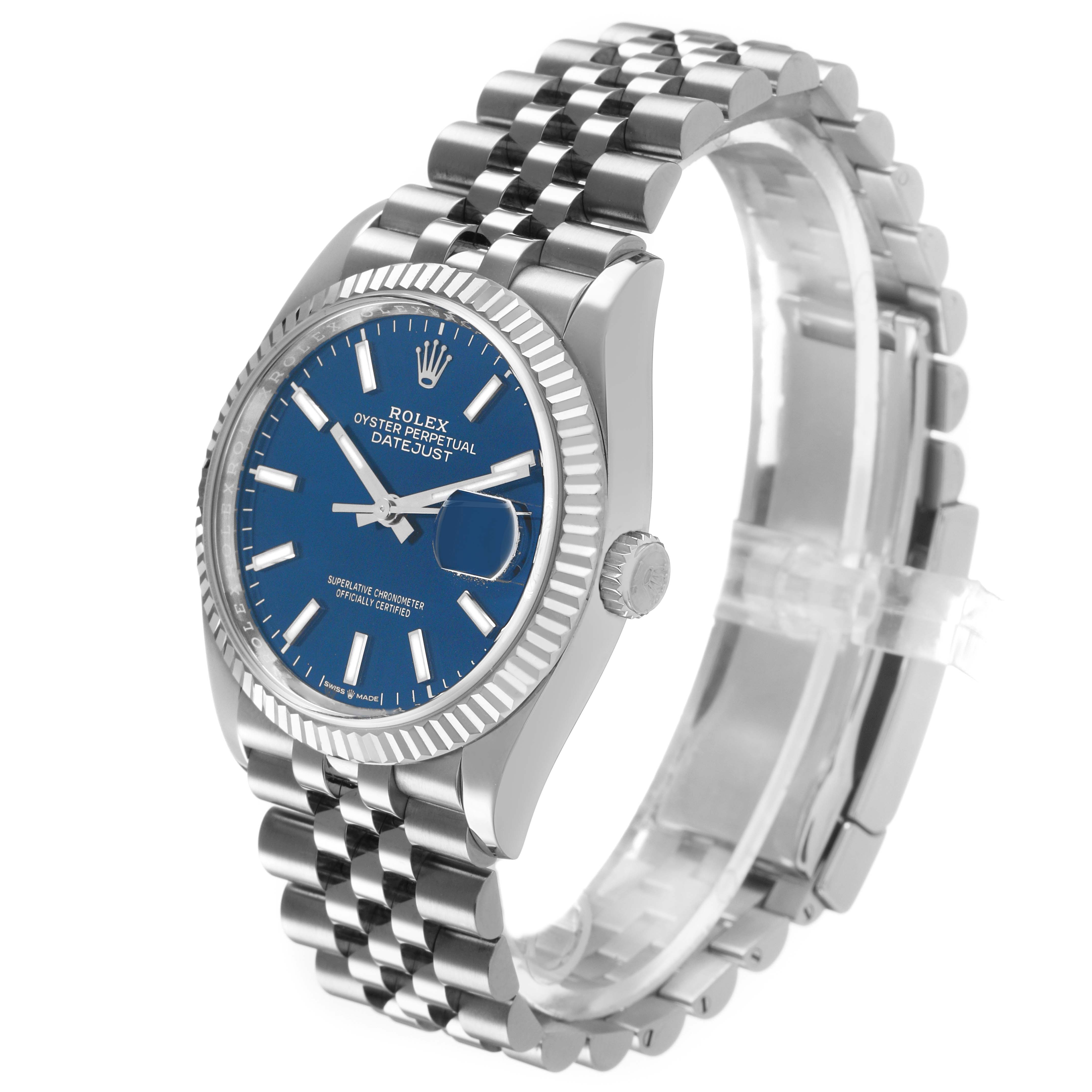The Rolex Datejust 126234 Men's Stainless Steel Blue Dial watch is shown from a three-quarter angle, displaying its face, fluted bezel, crown, and Jubilee bracelet.