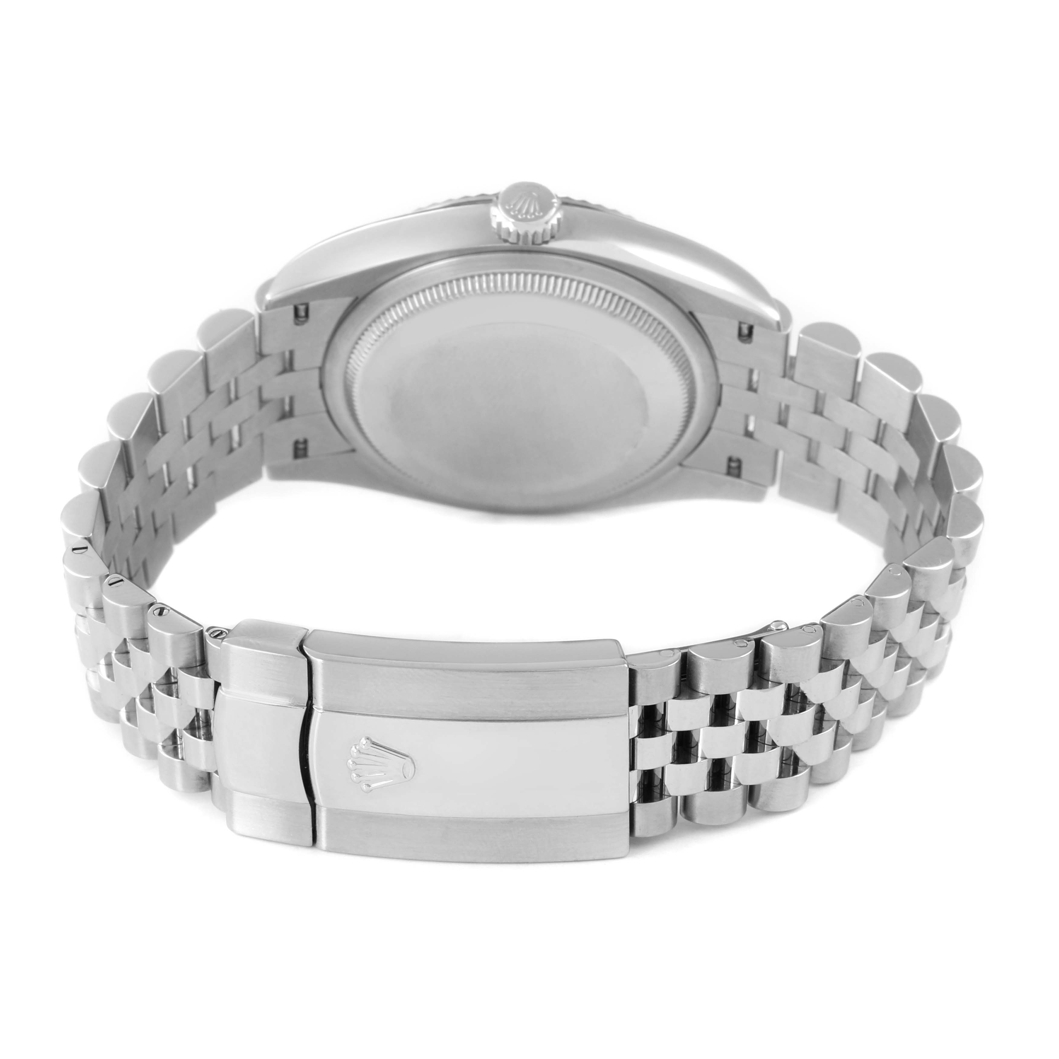 The image shows the back view of the Rolex Datejust 126234 Men's Stainless Steel Blue Dial, displaying its clasp and metal bracelet.