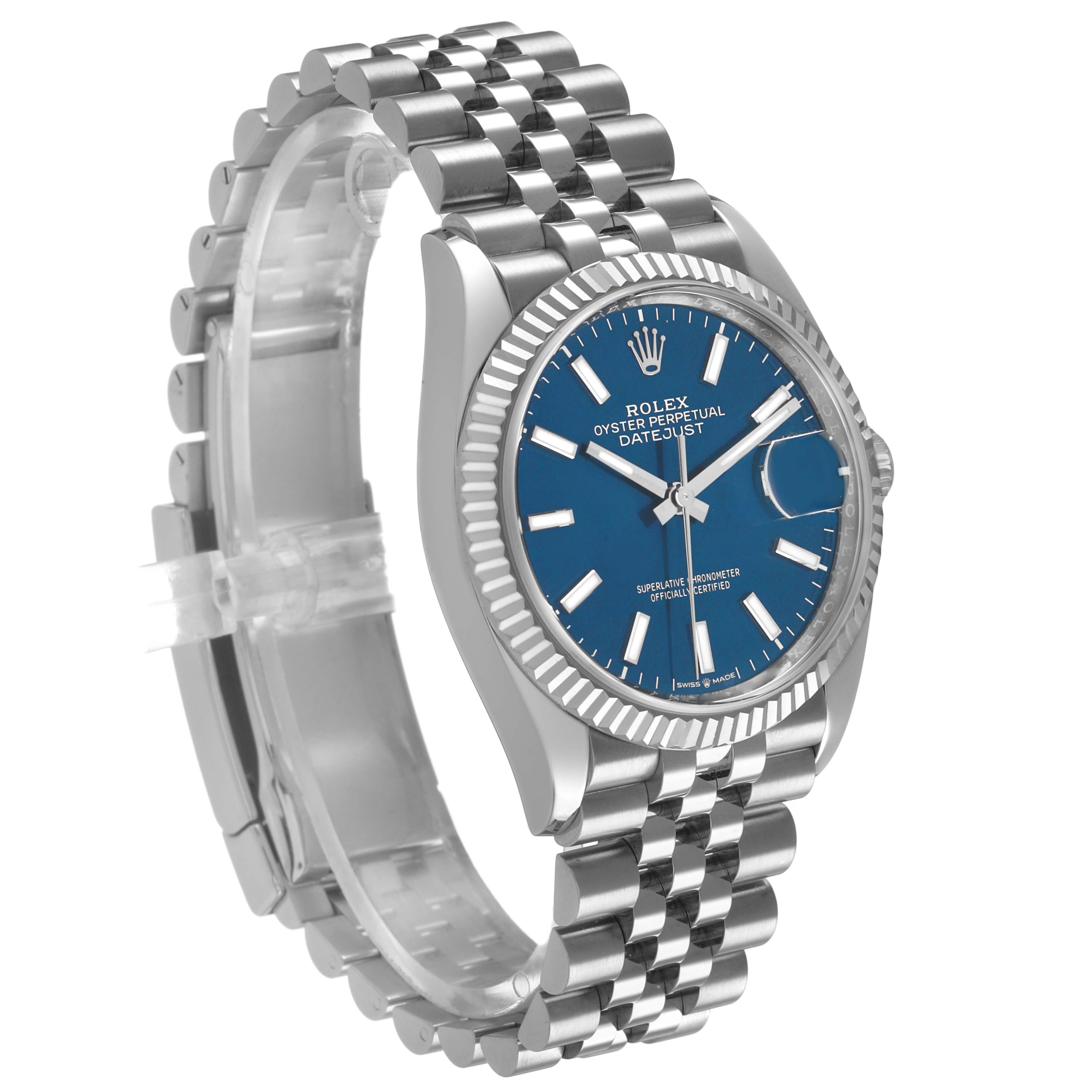 The Rolex Datejust 126234 Men's Stainless Steel Blue Dial watch is shown at a three-quarter angle, highlighting its blue dial, fluted bezel, and Jubilee bracelet.