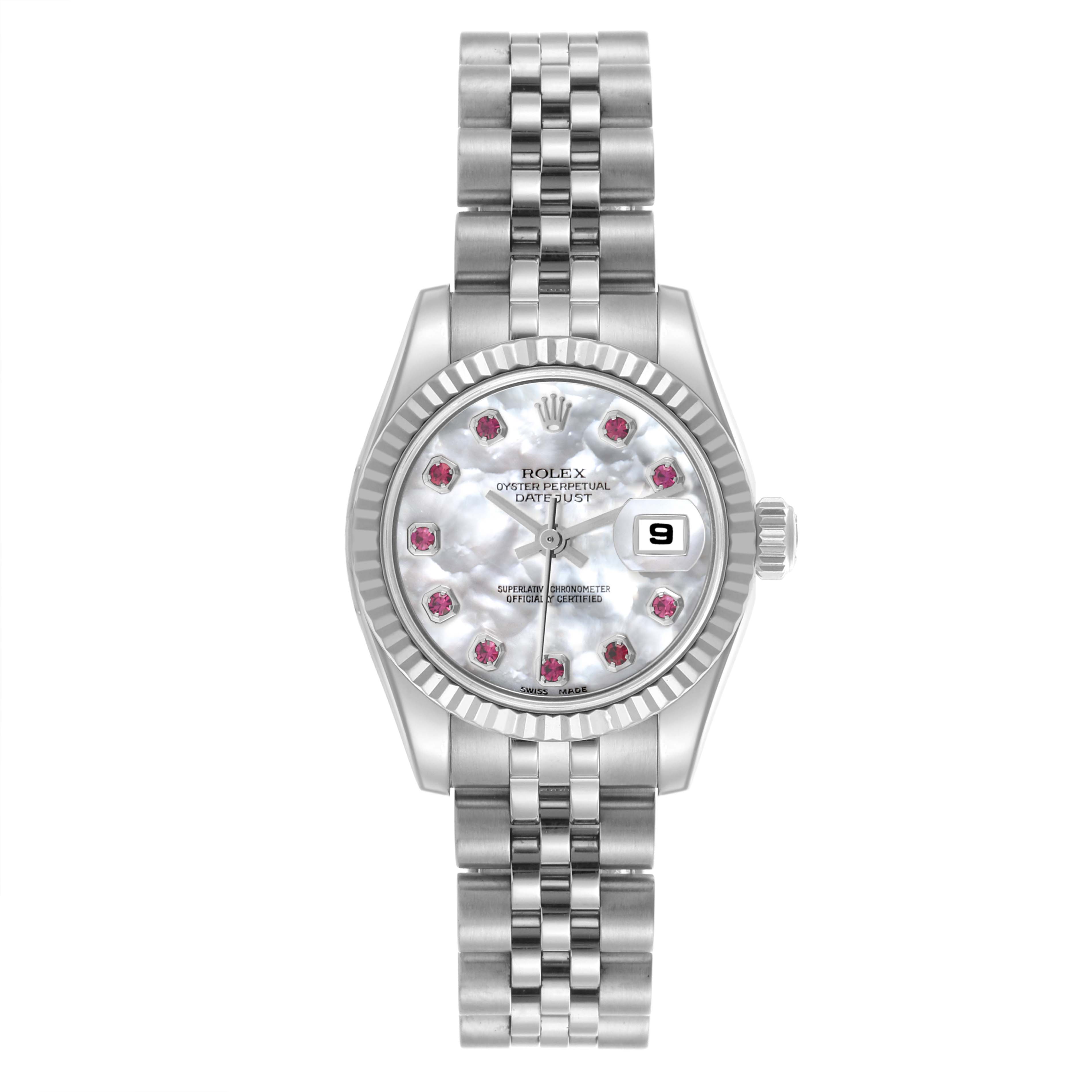 The Rolex Datejust 179174 Women's Stainless Steel Mother of Pearl Dial 179174 Women's Stainless Steel Mother of Pearl Dial watch is shown from the front, highlighting its dial, bezel, and bracelet.