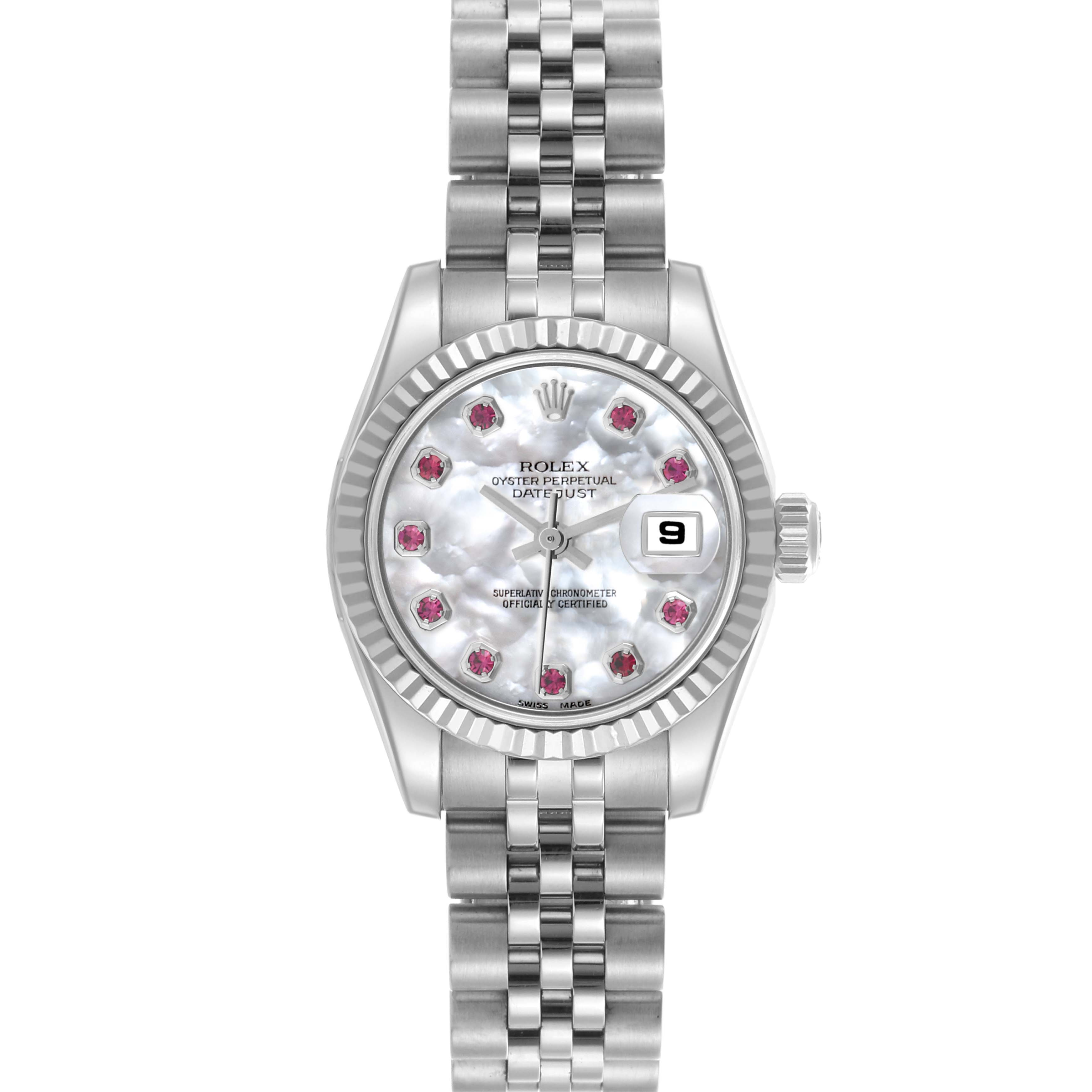 The Rolex Datejust 179174 Women's Stainless Steel Mother of Pearl Dial 179174 Women's Stainless Steel Mother of Pearl Dial is shown from the front, displaying the dial, fluted bezel, bracelet, and crown.