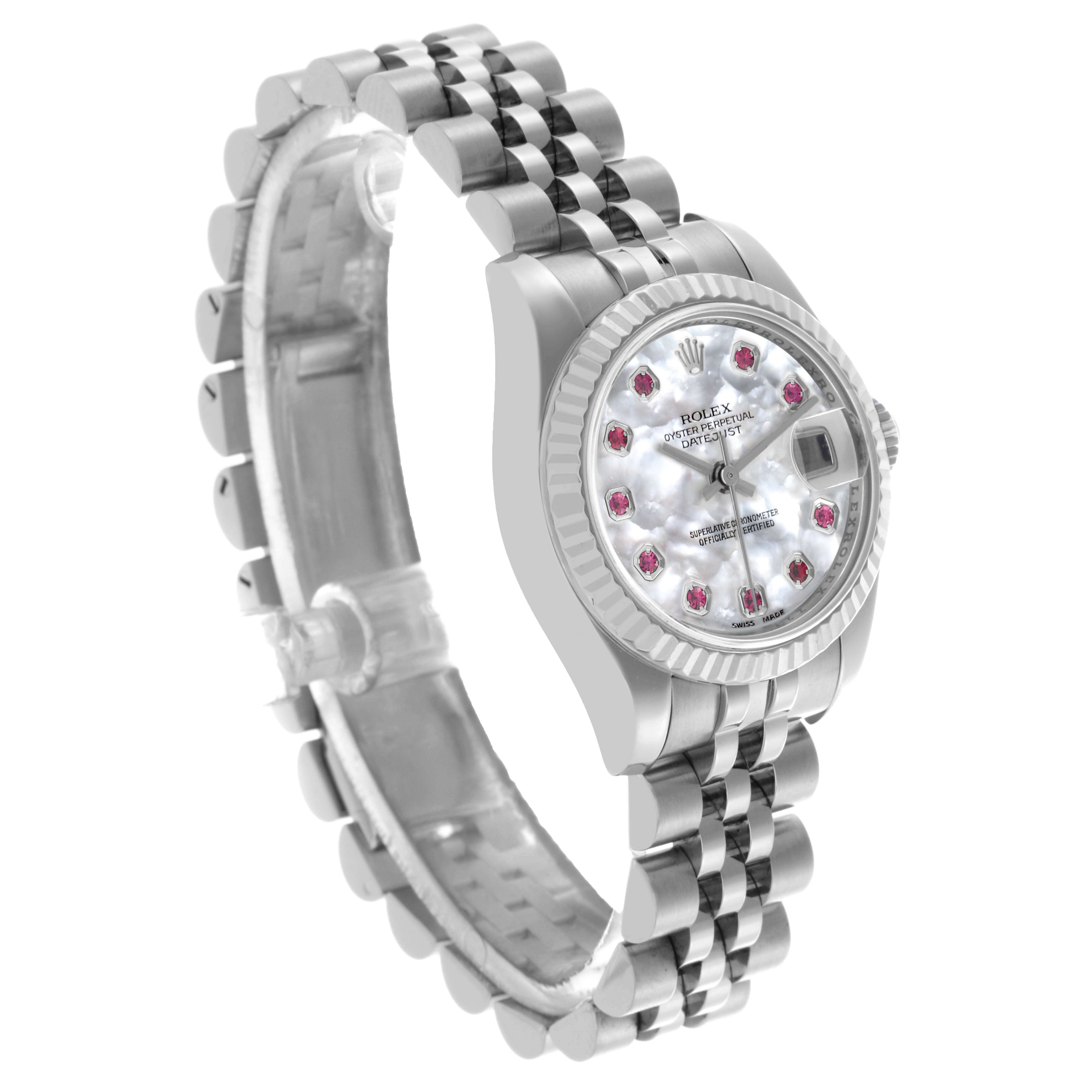 The Rolex Datejust 179174 Women's Stainless Steel Mother of Pearl Dial 179174 Women's Stainless Steel Mother of Pearl Dial watch is shown at an angle highlighting the face, bezel, and bracelet.