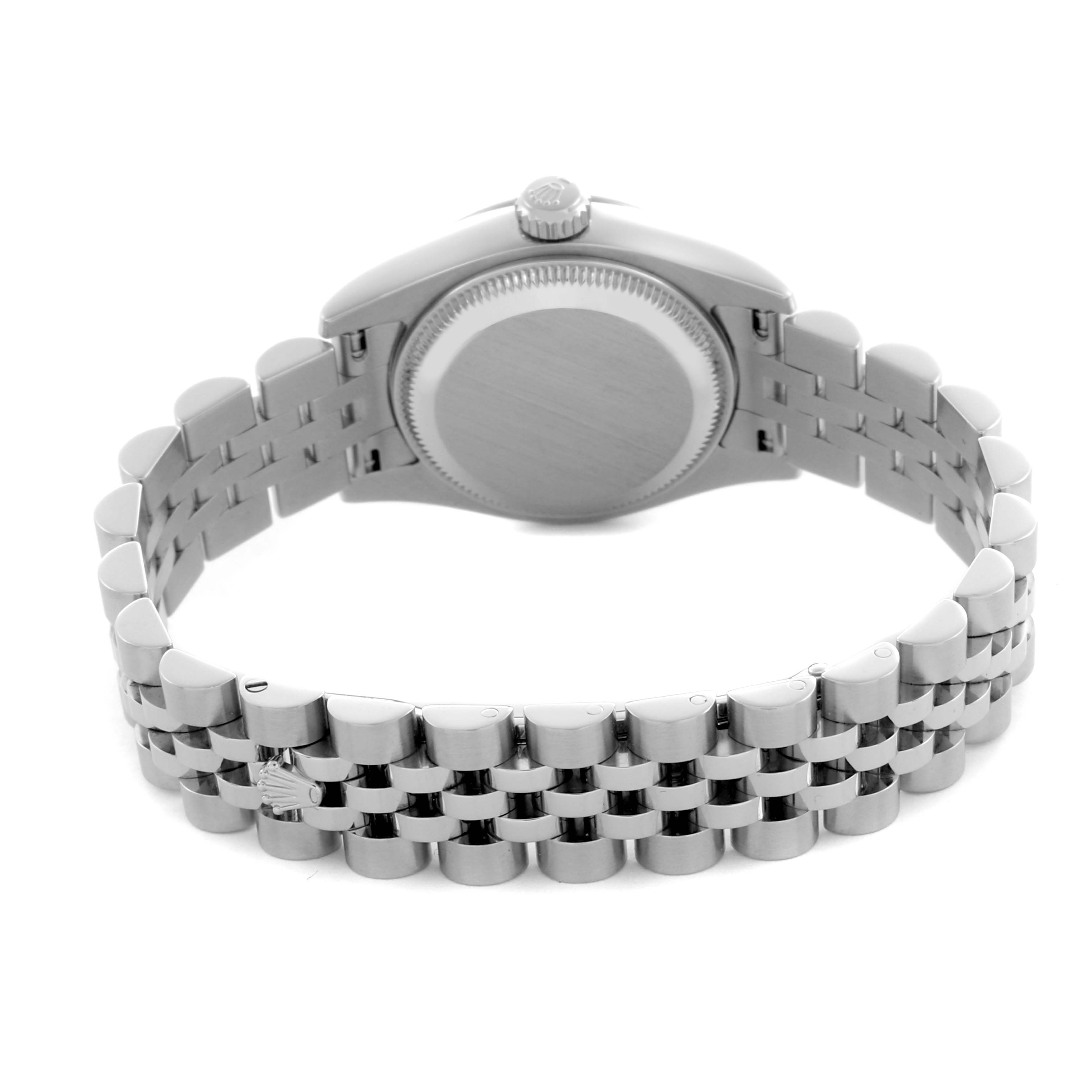 The image shows the back view of a Rolex Datejust 179174 Women's Stainless Steel Mother of Pearl Dial 179174 Women's Stainless Steel Mother of Pearl Dial watch, highlighting the bracelet and case back.