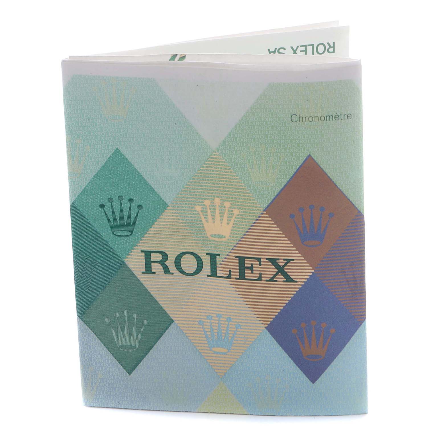 This image shows a Rolex Datejust 179174 Women's Stainless Steel Mother of Pearl Dial 179174 Women's Stainless Steel Mother of Pearl Dial pamphlet from the brand, featuring their logo and colorful patterns.