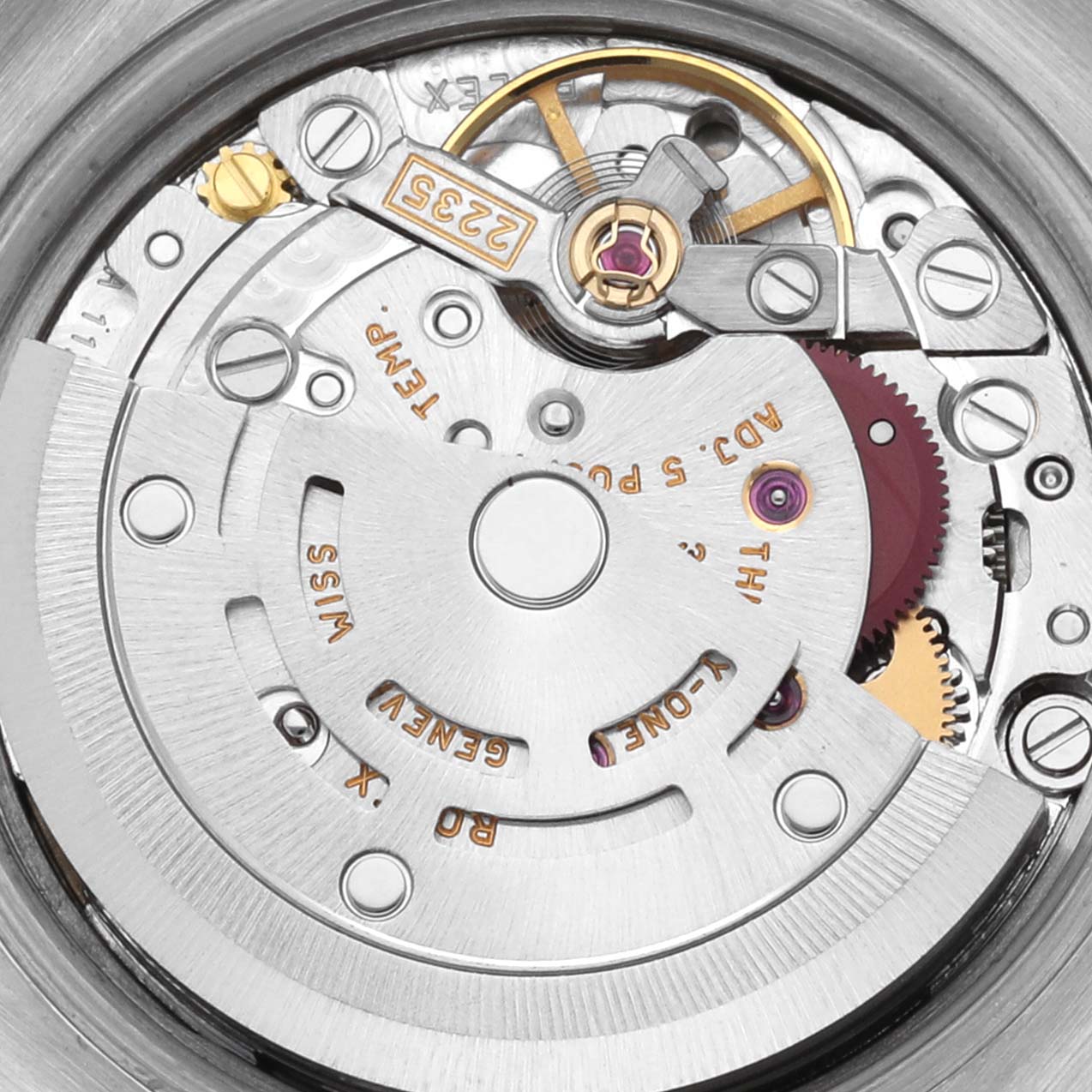The image shows the movement mechanism of a Rolex Datejust 179174 Women's Stainless Steel Mother of Pearl Dial 179174 Women's Stainless Steel Mother of Pearl Dial watch from a top-down angle.